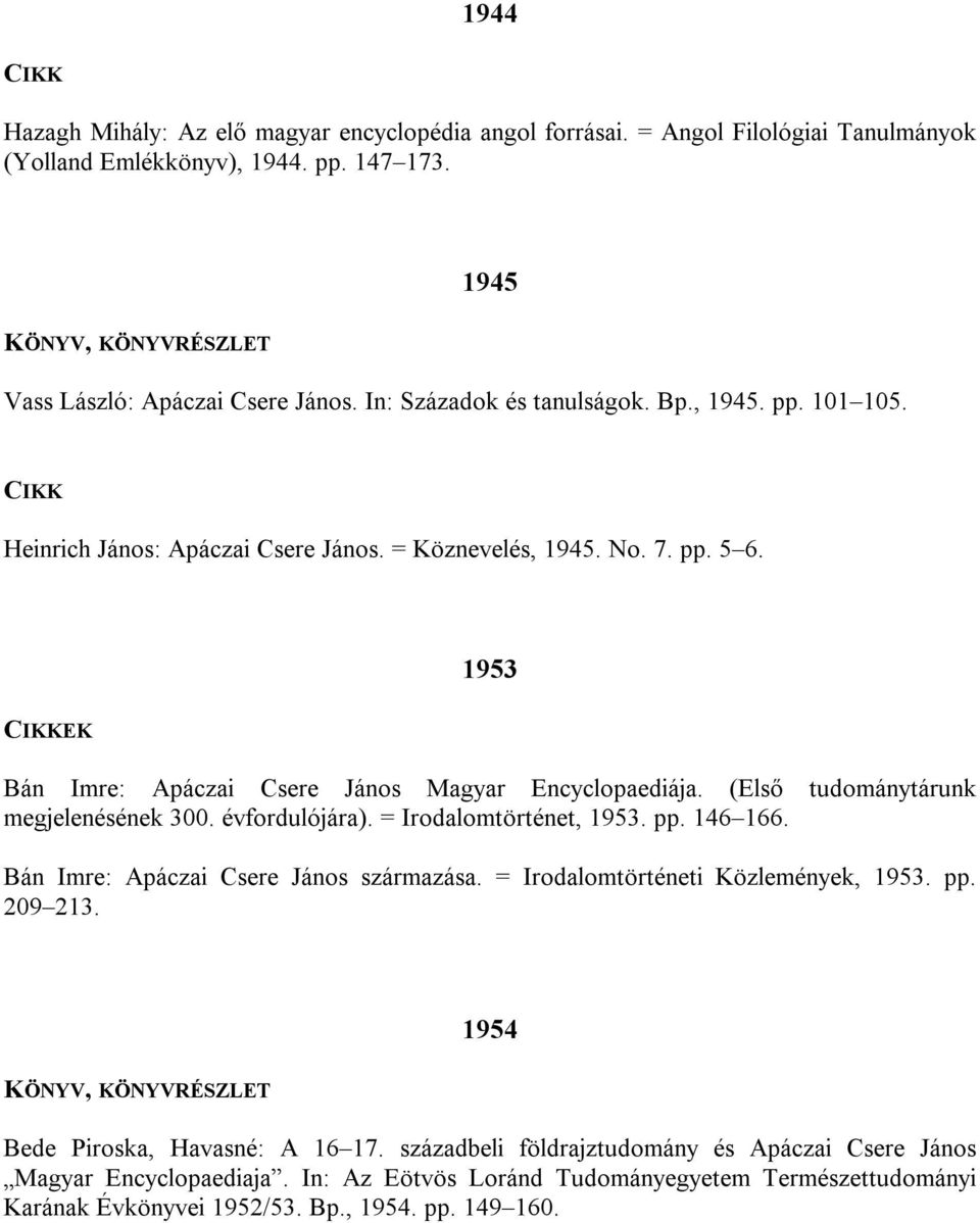 (Első tudománytárunk megjelenésének 300. évfordulójára). = Irodalomtörténet, 1953. pp. 146 166. Bán Imre: Apáczai Csere János származása. = Irodalomtörténeti Közlemények, 1953. pp. 209 213.