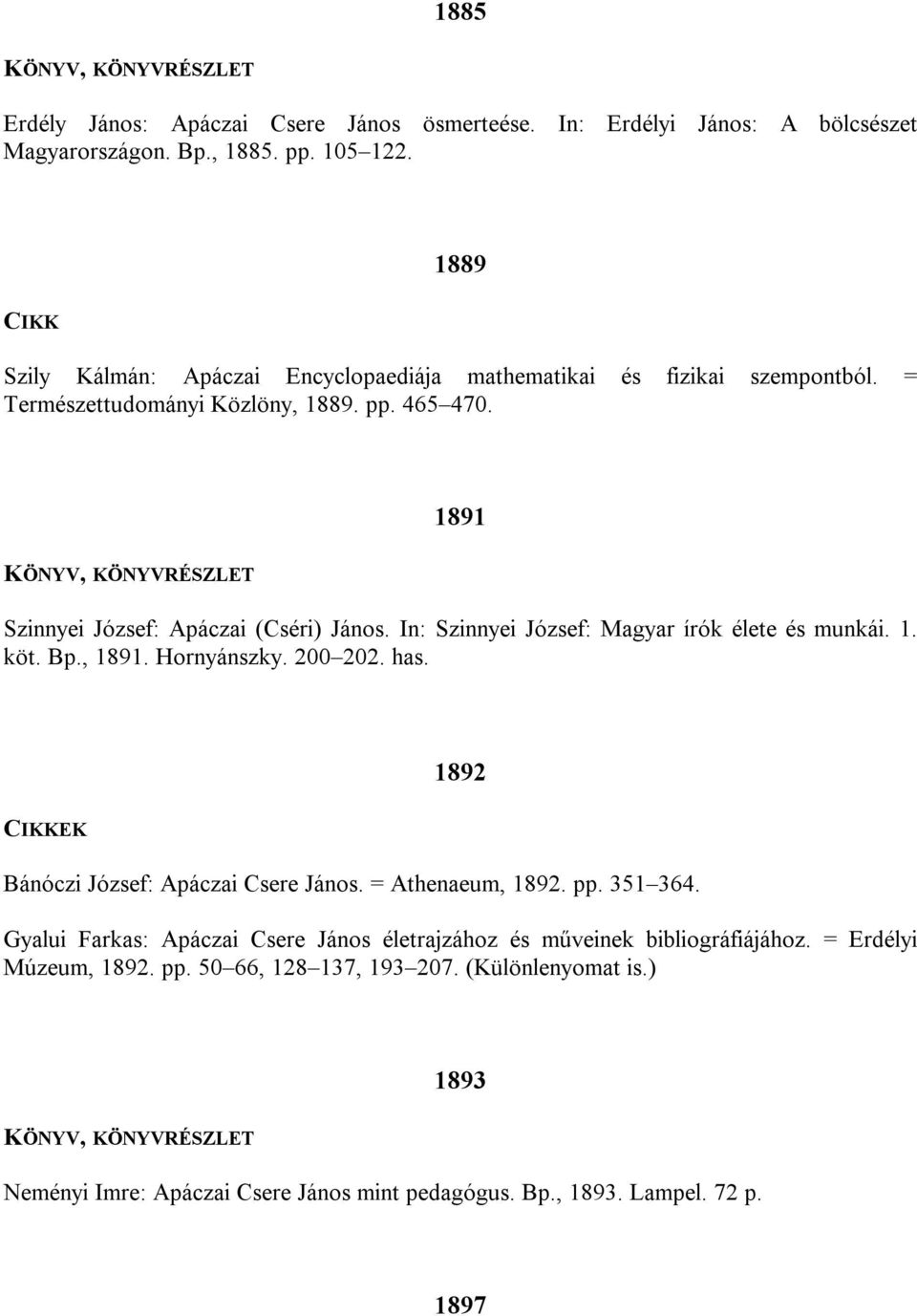 In: Szinnyei József: Magyar írók élete és munkái. 1. köt. Bp., 1891. Hornyánszky. 200 202. has. 1892 Bánóczi József: Apáczai Csere János. = Athenaeum, 1892. pp. 351 364.