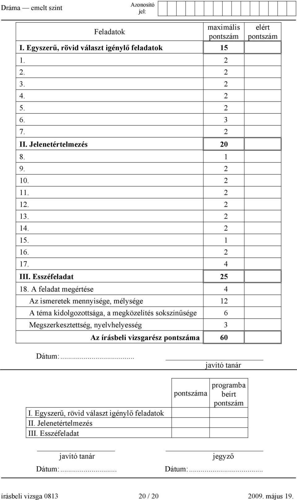 A feladat megértése 4 Az ismeretek mennyisége, mélysége 12 A téma kidolgozottsága, a megközelítés sokszínűsége 6 Megszerkesztettség, nyelvhelyesség 3 Az írásbeli