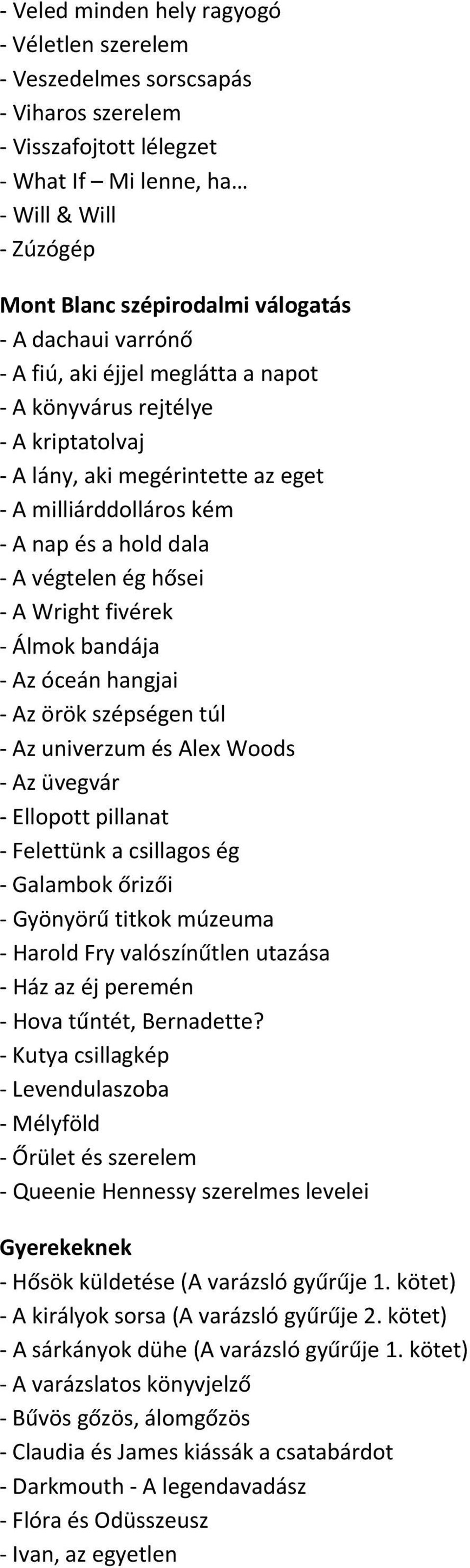 Az óceán hangjai Az örök szépségen túl Az univerzum és Alex Woods Az üvegvár Ellopott pillanat Felettünk a csillagos ég Galambok őrizői Gyönyörű titkok múzeuma Harold Fry valószínűtlen utazása Ház az