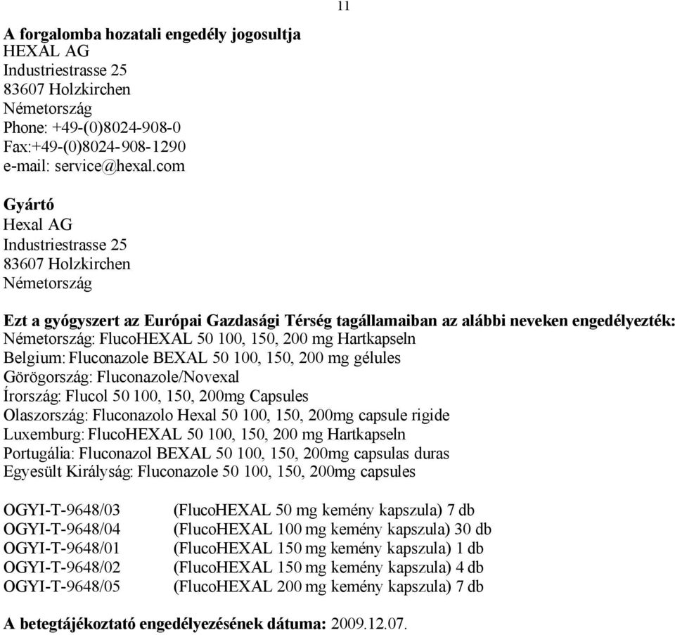 150, 200 mg Hartkapseln Belgium: Fluconazole BEXAL 50 100, 150, 200 mg gélules Görögország: Fluconazole/Novexal Írország: Flucol 50 100, 150, 200mg Capsules Olaszország: Fluconazolo Hexal 50 100,