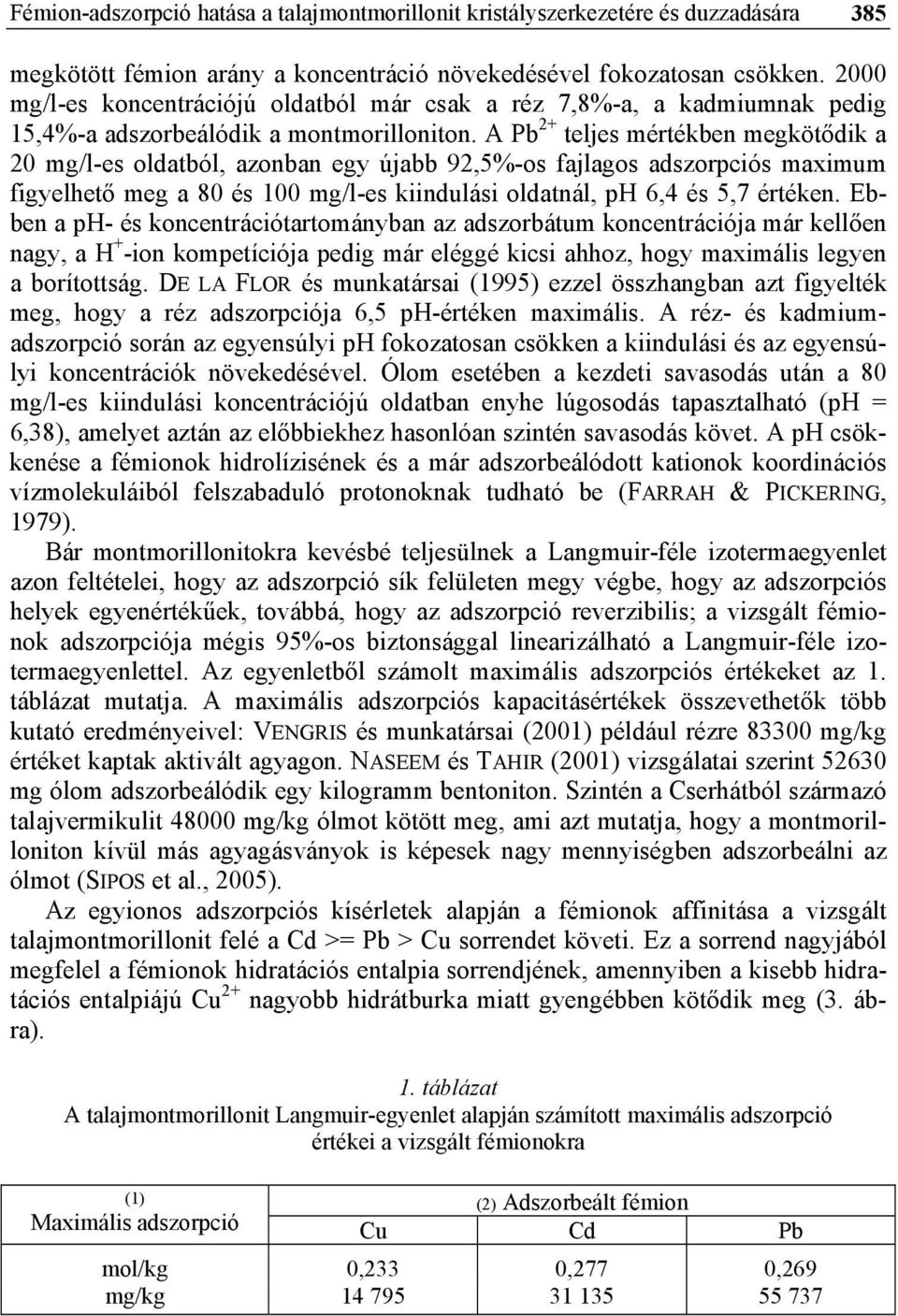A Pb 2+ teljes mértékben megkötődik a 20 mg/l-es oldatból, azonban egy újabb 92,5%-os fajlagos adszorpciós maximum figyelhető meg a 80 és 100 mg/l-es kiindulási oldatnál, ph 6,4 és 5,7 értéken.