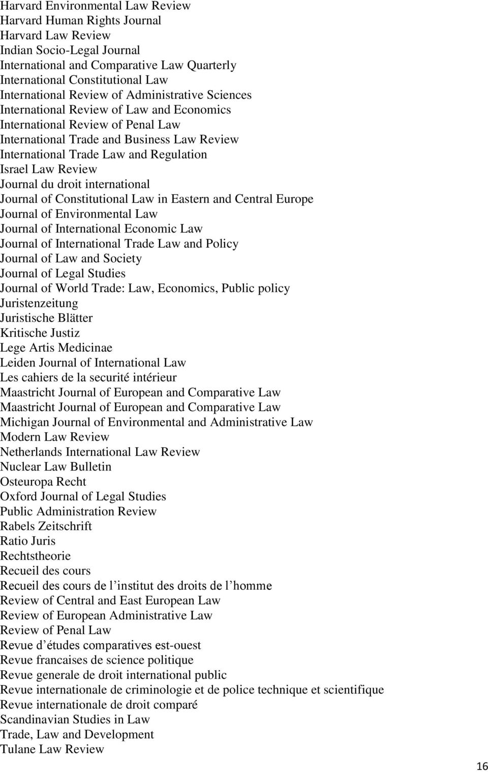 Law Review Journal du droit international Journal of Constitutional Law in Eastern and Central Europe Journal of Environmental Law Journal of International Economic Law Journal of International Trade