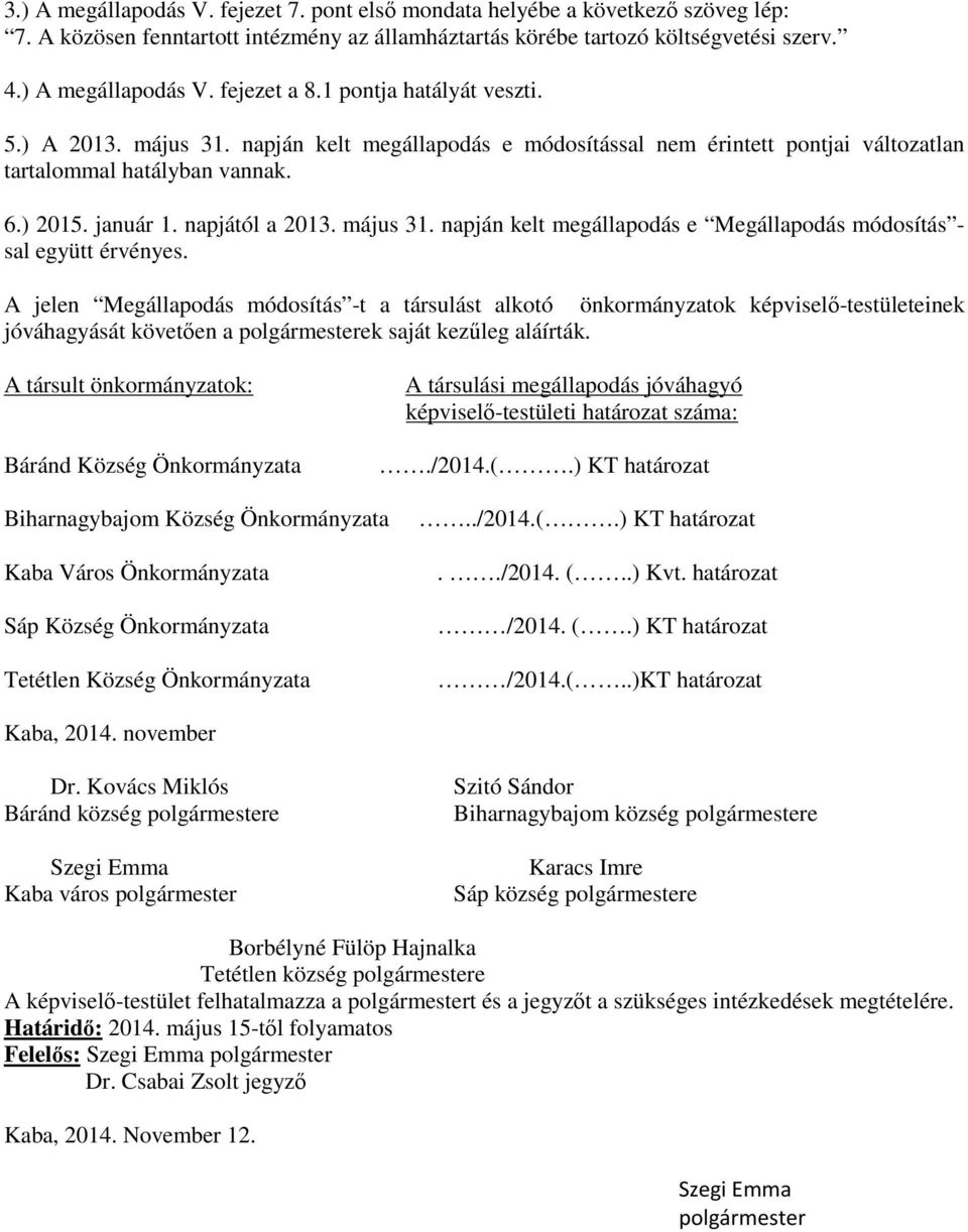 A jelen Megállapodás módosítás -t a társulást alkotó önkormányzatok képviselő-testületeinek jóváhagyását követően a ek saját kezűleg aláírták.