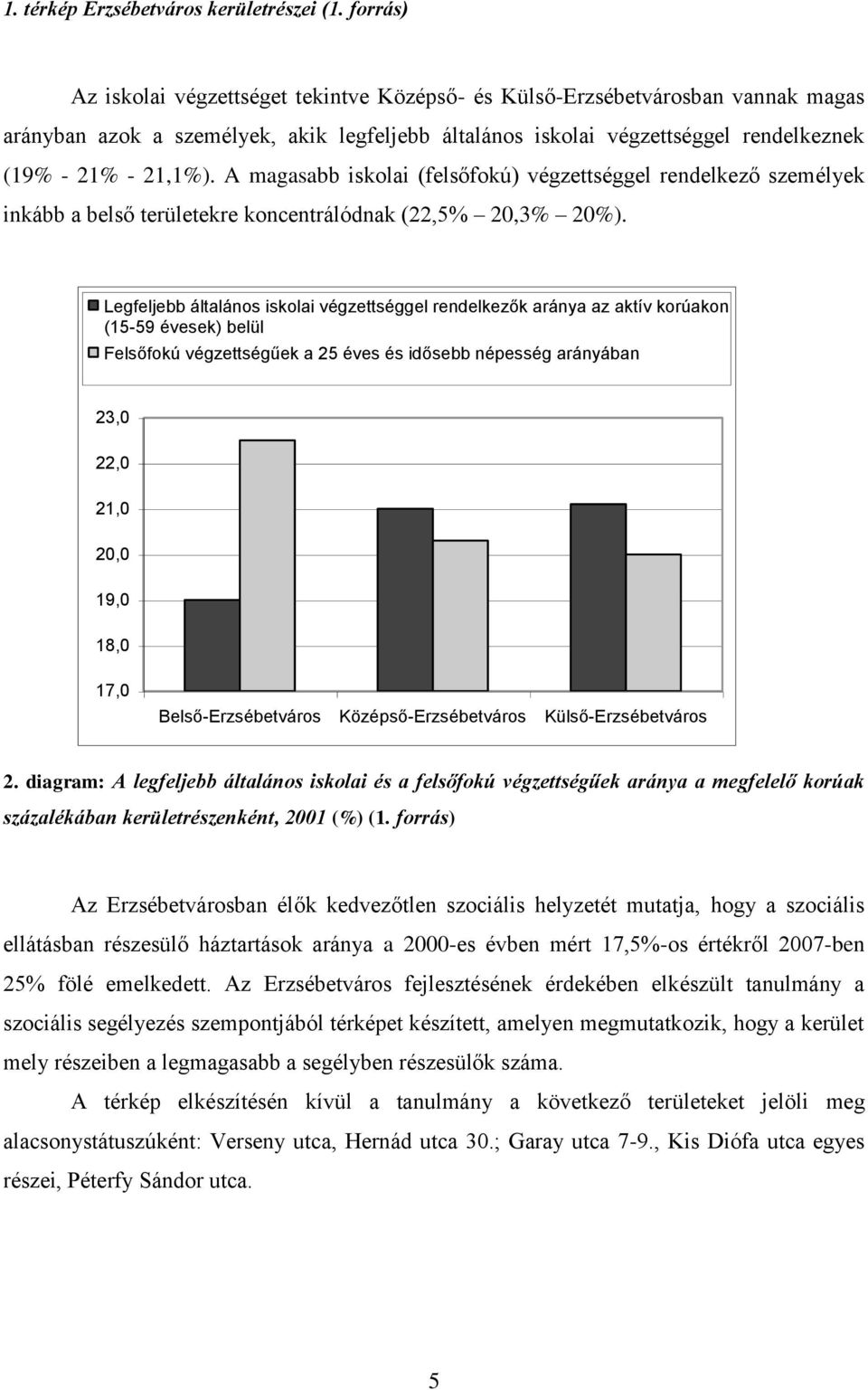A magasabb iskolai (felsőfokú) végzettséggel rendelkező személyek inkább a belső területekre koncentrálódnak (22,5% 20,3% 20%).