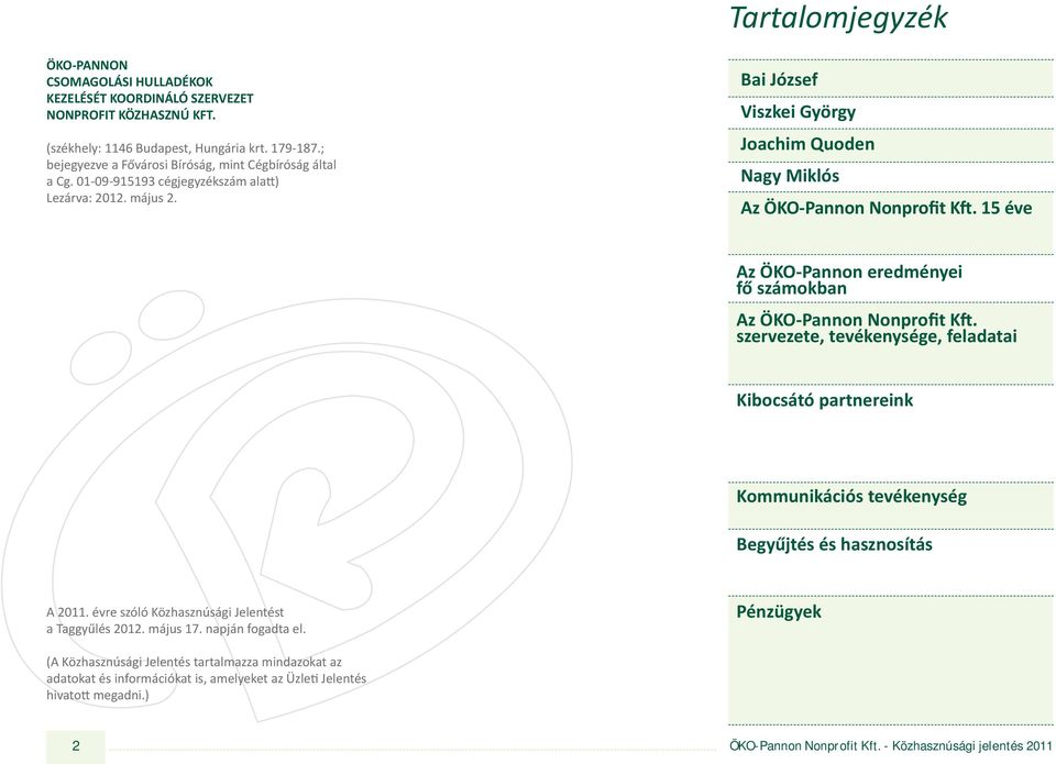 15 éve Az eredményei fő számokban Az Nonprofit K. szervezete, tevékenysége, feladatai Kibocsátó partnereink Kommunikációs tevékenység Begyűjtés és hasznosítás A 2011.