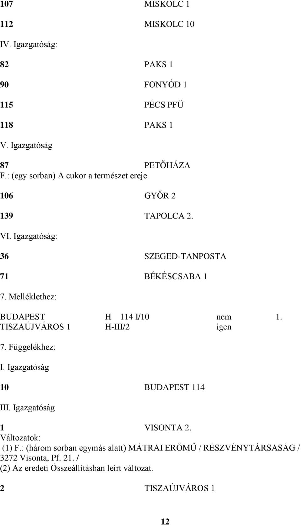 Melléklethez: BUDAPEST H 114 I/10 nem 1. TISZAÚJVÁROS 1 H-III/2 igen 7. Függelékhez: I. Igazgatóság 10 BUDAPEST 114 III.