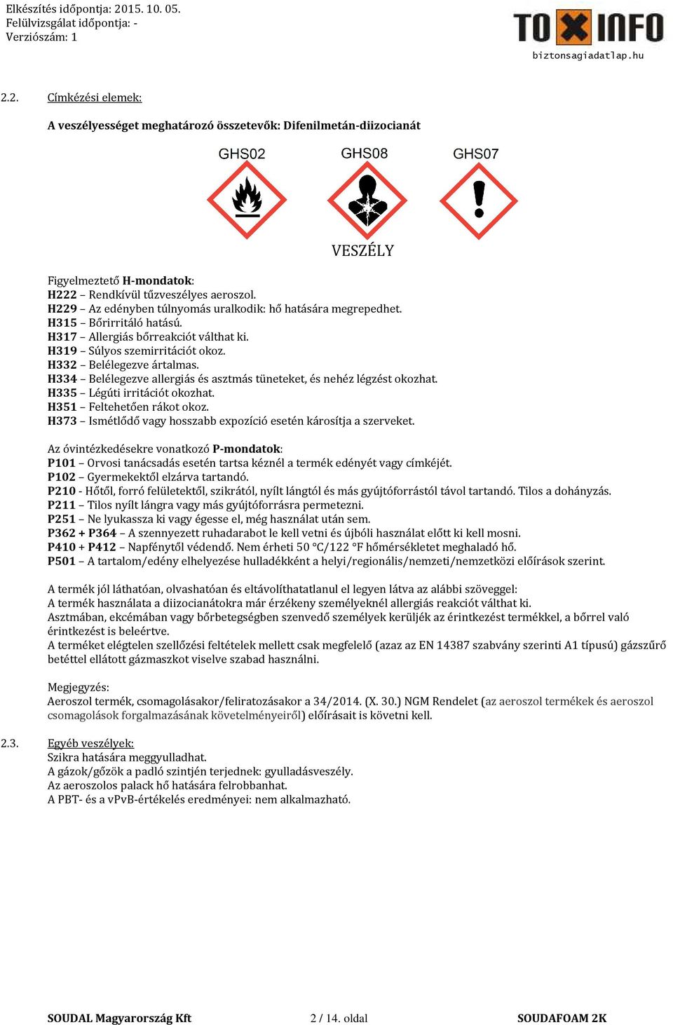 H334 Belélegezve allergiás és asztmás tüneteket, és nehéz légzést okozhat. H335 Légúti irritációt okozhat. H351 Feltehetően rákot okoz.