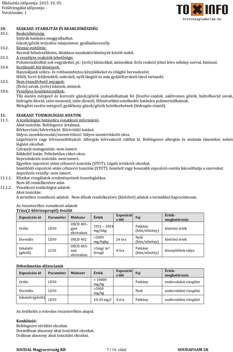 Erős reakció jöhet létre néhány savval, bázissal. 10.4. Kerülendő körülmények: Használjunk szikra- és robbanásbiztos készülékeket és világító berendezést.