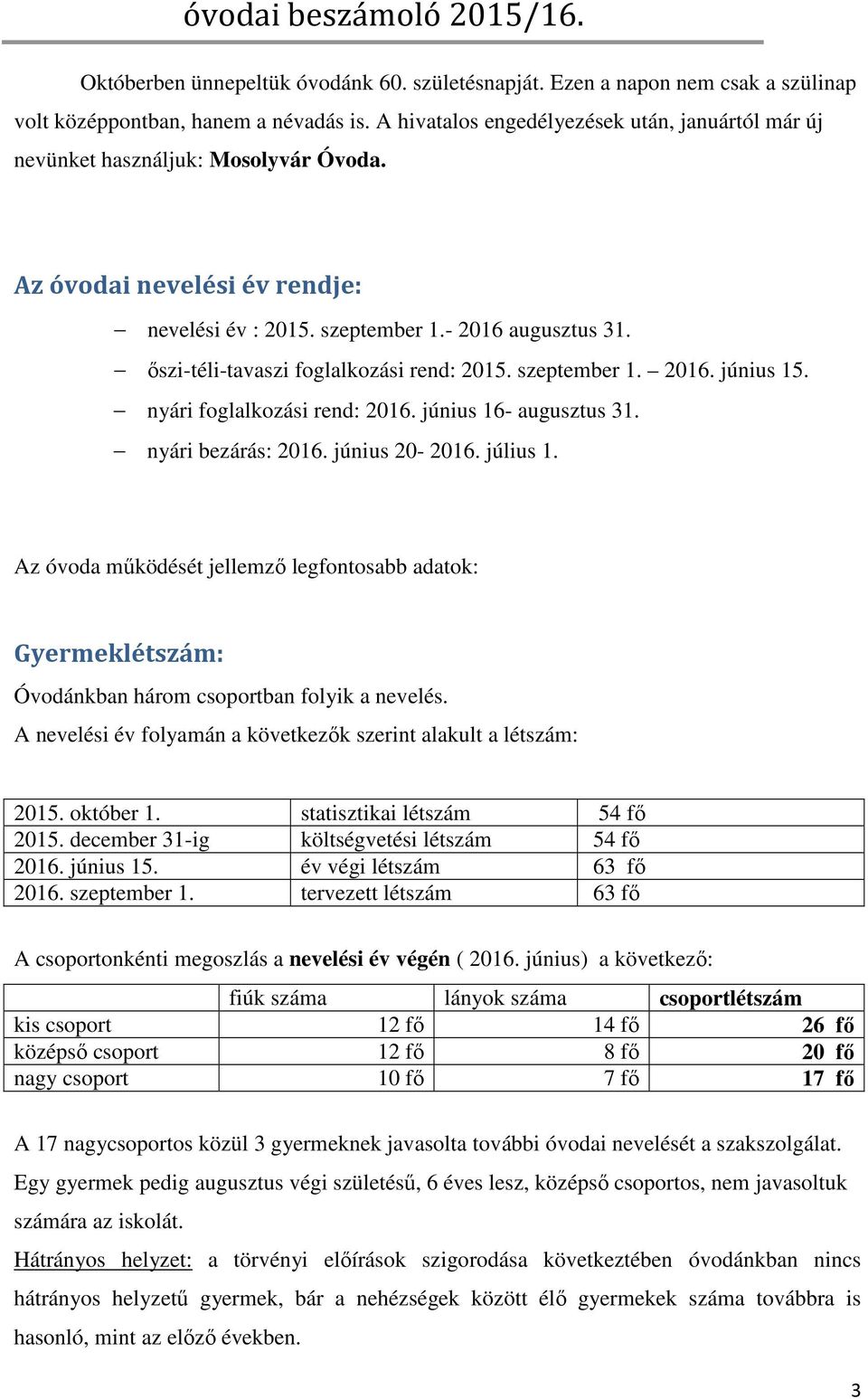 őszi-téli-tavaszi foglalkozási rend: 2015. szeptember 1. 2016. június 15. nyári foglalkozási rend: 2016. június 16- augusztus 31. nyári bezárás: 2016. június 20-2016. július 1.