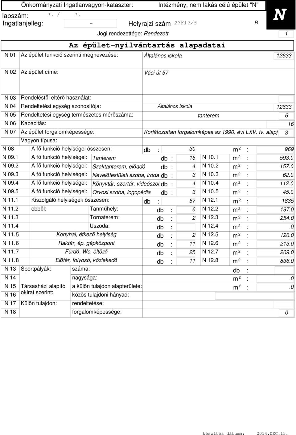 Rendeléstől eltérő használat: 04 Rendeltetési egység azonosítója: Rendeltetési egység természetes mérőszáma: Kapacitás: Az épület forgalomképessége: 08 A fő funkció helyiségei összesen: 0 969 09.