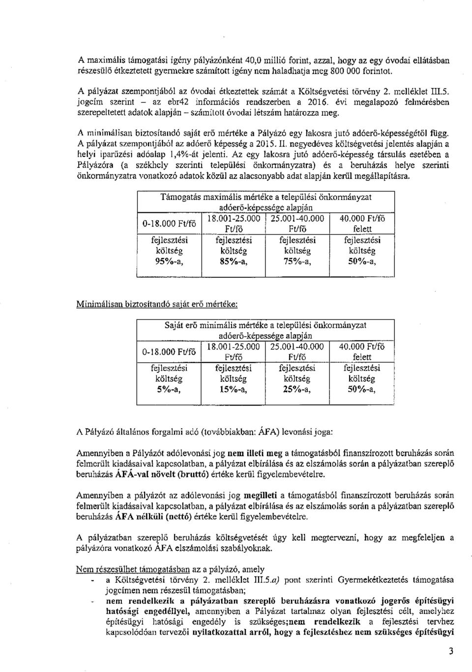 évi megalapozó felmérésben szerepeltetett adatok alapján - számított óvodai létszám határozza meg. A minimálisan biztosítandó saját erő mértéke a Pályázó egy lakosra jutó adóerő-képességétől függ.