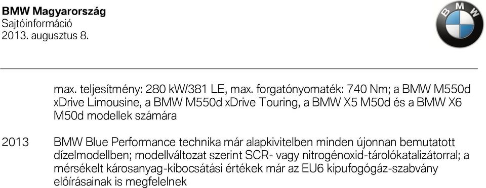 M50d modellek számára 2013 BMW Blue Performance technika már alapkivitelben minden újonnan bemutatott