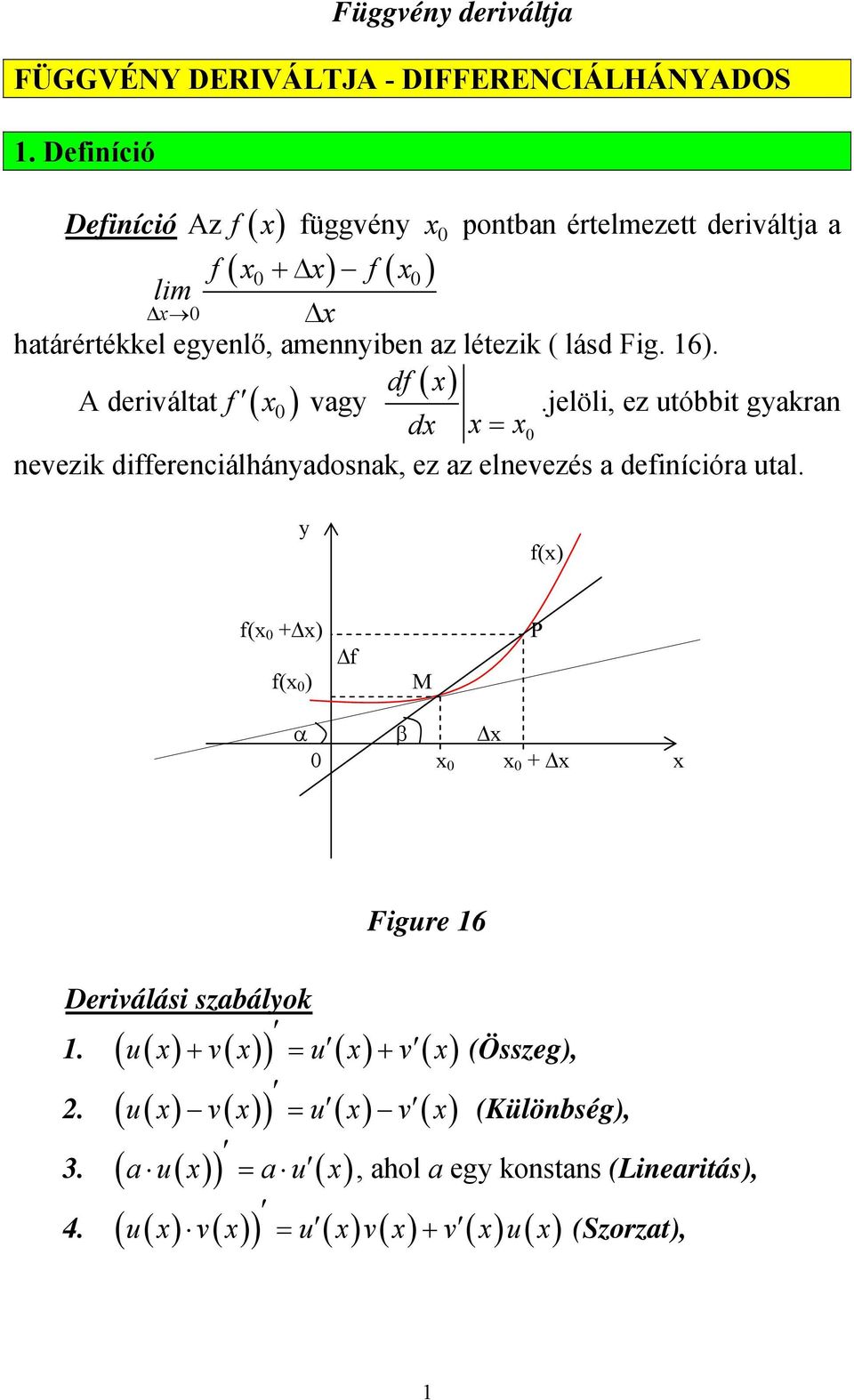 nevezik differenciálhányadosnak ez az elnevezés a definícióra utal у f() f( + ) f( ) f M P α β + Figure 6 Deriválási