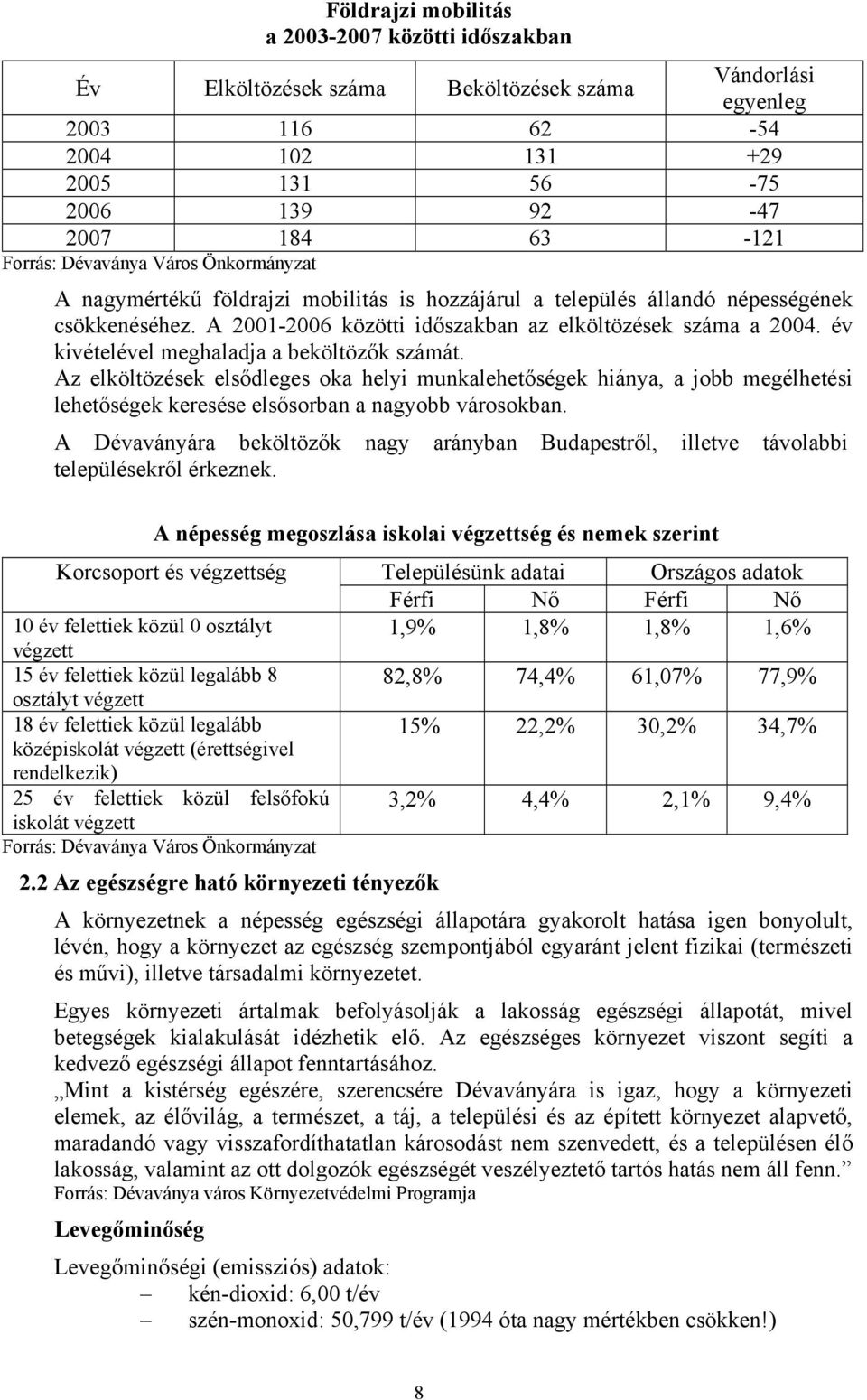 év kivételével meghaladja a beköltözők számát. Az elköltözések elsődleges oka helyi munkalehetőségek hiánya, a jobb megélhetési lehetőségek keresése elsősorban a nagyobb városokban.