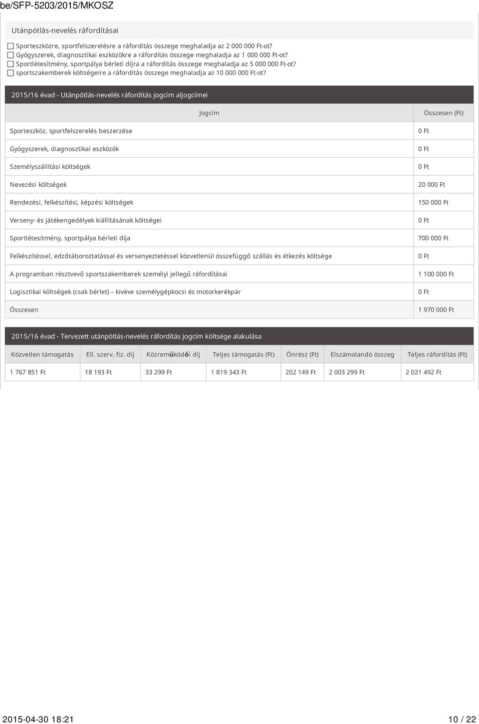 2015/16 évad - Utánpótlás-nevelés ráfordítás jogcím aljogcímei Jogcím Összesen (Ft) Sporteszköz, sportfelszerelés beszerzése Gyógyszerek, diagnosztikai eszközök Személyszállítási költségek Nevezési