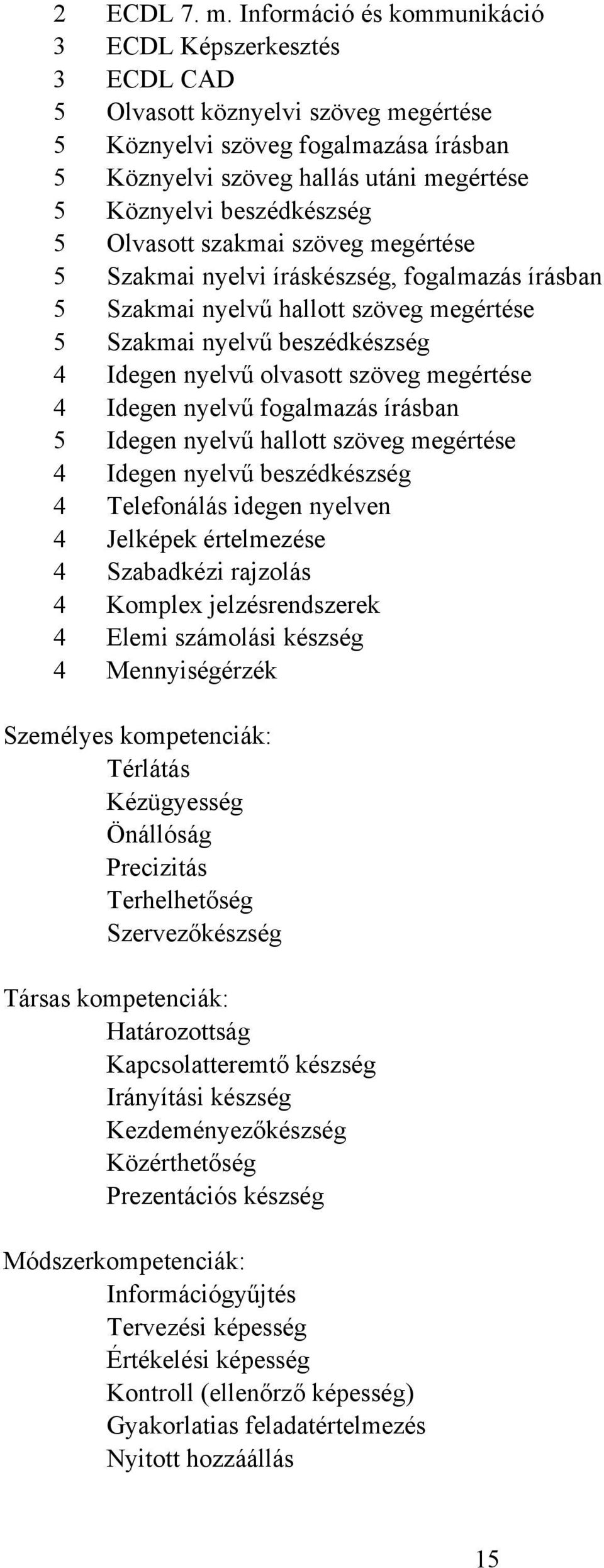 beszédkészség 5 Olvasott szakmai szöveg megértése 5 Szakmai nyelvi íráskészség, fogalmazás írásban 5 Szakmai nyelvű hallott szöveg megértése 5 Szakmai nyelvű beszédkészség 4 Idegen nyelvű olvasott