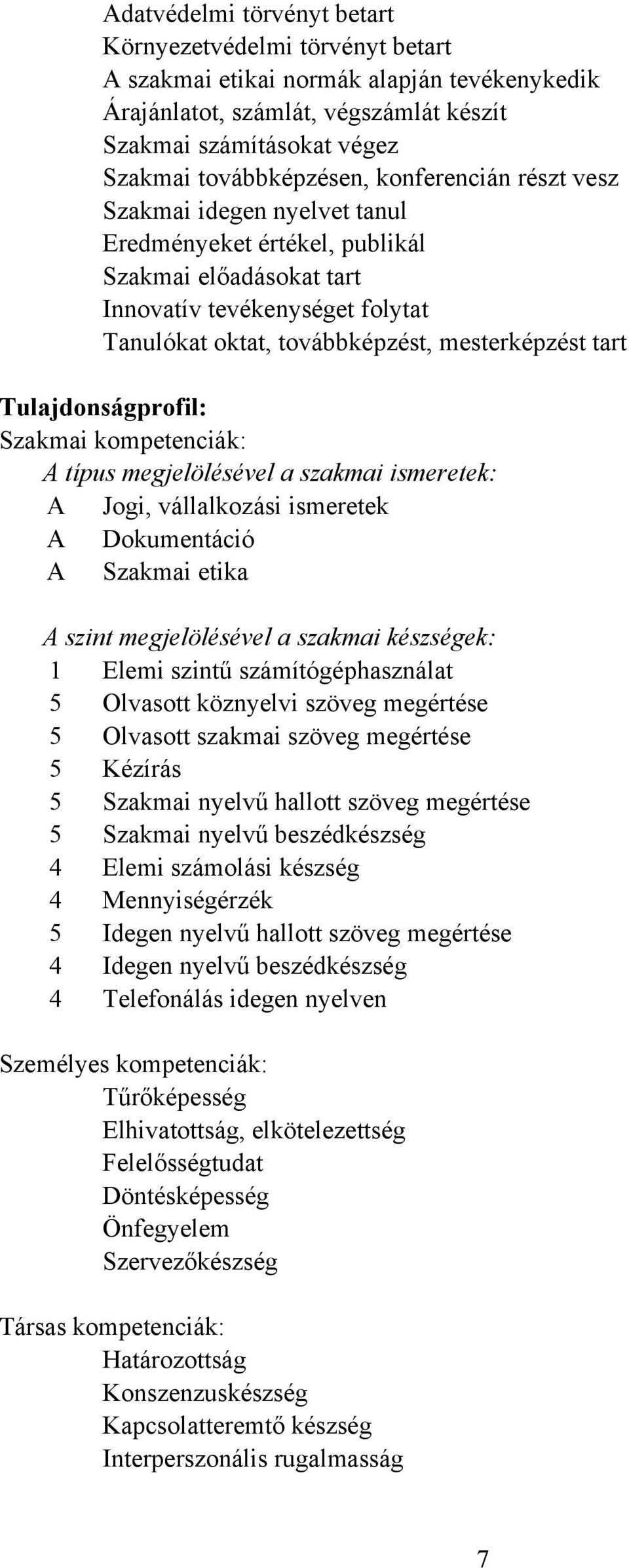 Tulajdonságprofil: Szakmai kompetenciák: A típus megjelölésével a szakmai ismeretek: A Jogi, vállalkozási ismeretek A Dokumentáció A Szakmai etika A szint megjelölésével a szakmai készségek: 1 Elemi