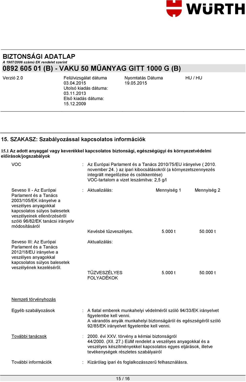 ) az ipari kibocsátásokról (a környezetszennyezés integrált megelőzése és csökkentése) VOC-tartalom a vizet leszámítva: 2,5 g/l Seveso II - Az Európai Parlament és a Tanács 2003/105/EK irányelve a