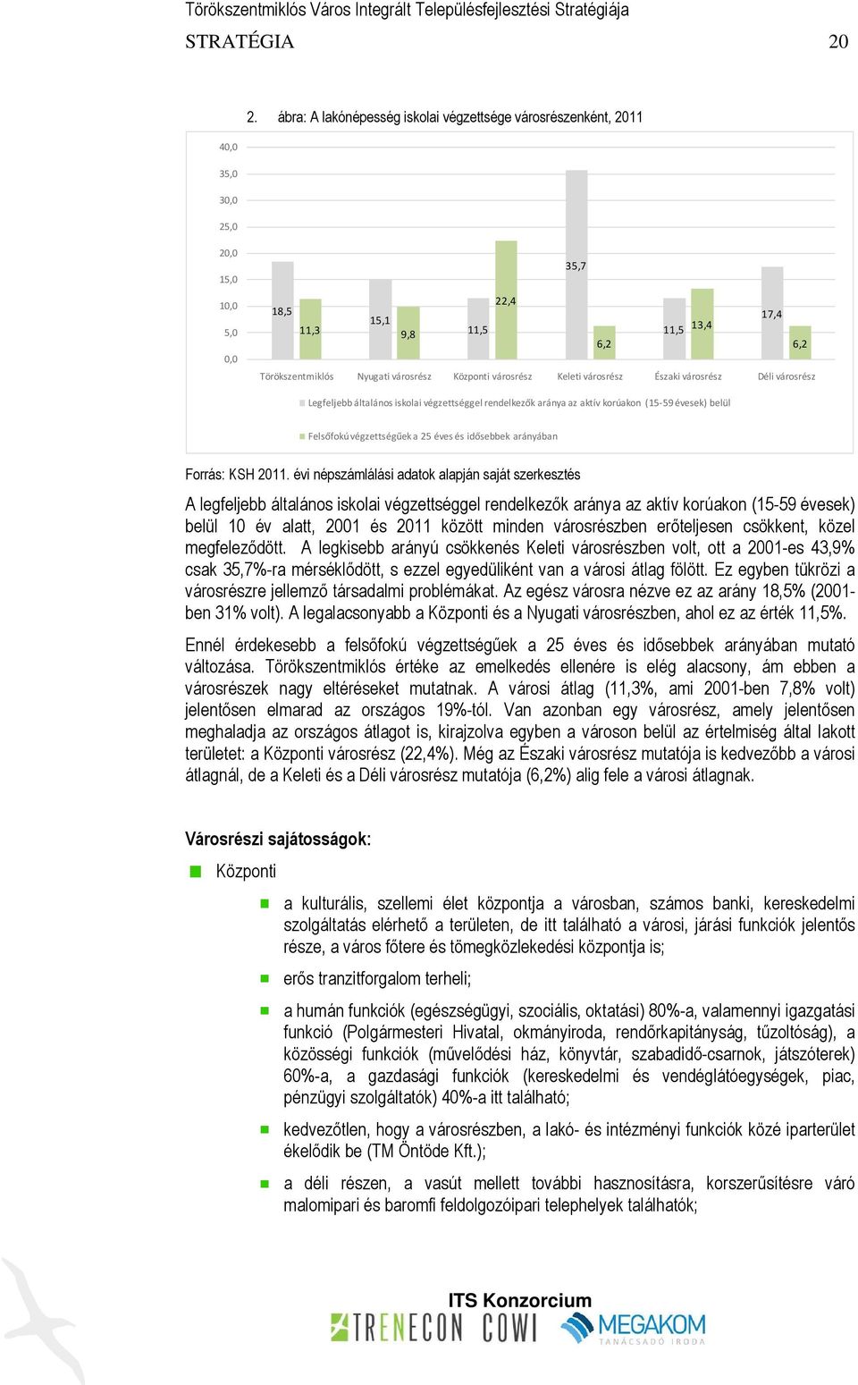 Keleti városrész Északi városrész Déli városrész Legfeljebb általános iskolai végzettséggel rendelkezők aránya az aktív korúakon (15-59 évesek) belül Felsőfokú végzettségűek a 25 éves és idősebbek