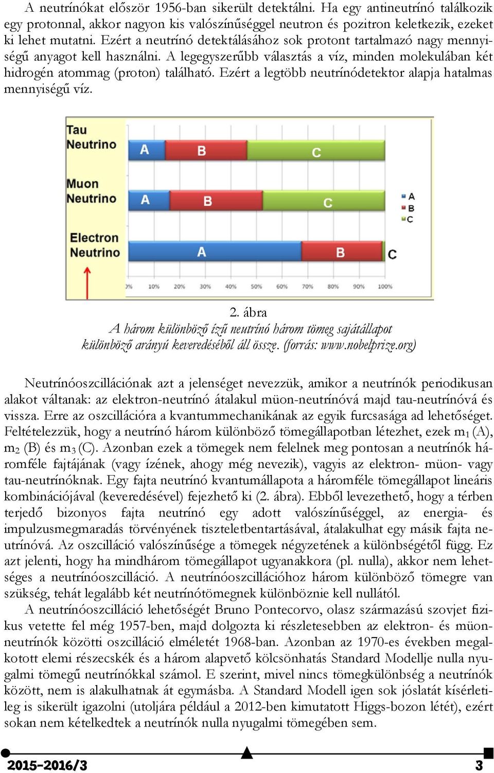 Ezért a legtöbb neutrínódetektor alapja hatalmas mennyiségű víz. 2. ábra A három különböző ízű neutrínó három tömeg sajátállapot különböző arányú keveredéséből áll össze. (forrás: www.nobelprize.