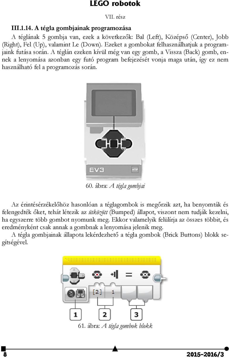 A téglán ezeken kívül még van egy gomb, a Vissza (Back) gomb, ennek a lenyomása azonban egy futó program befejezését vonja maga után, így ez nem használható fel a programozás során. 60.