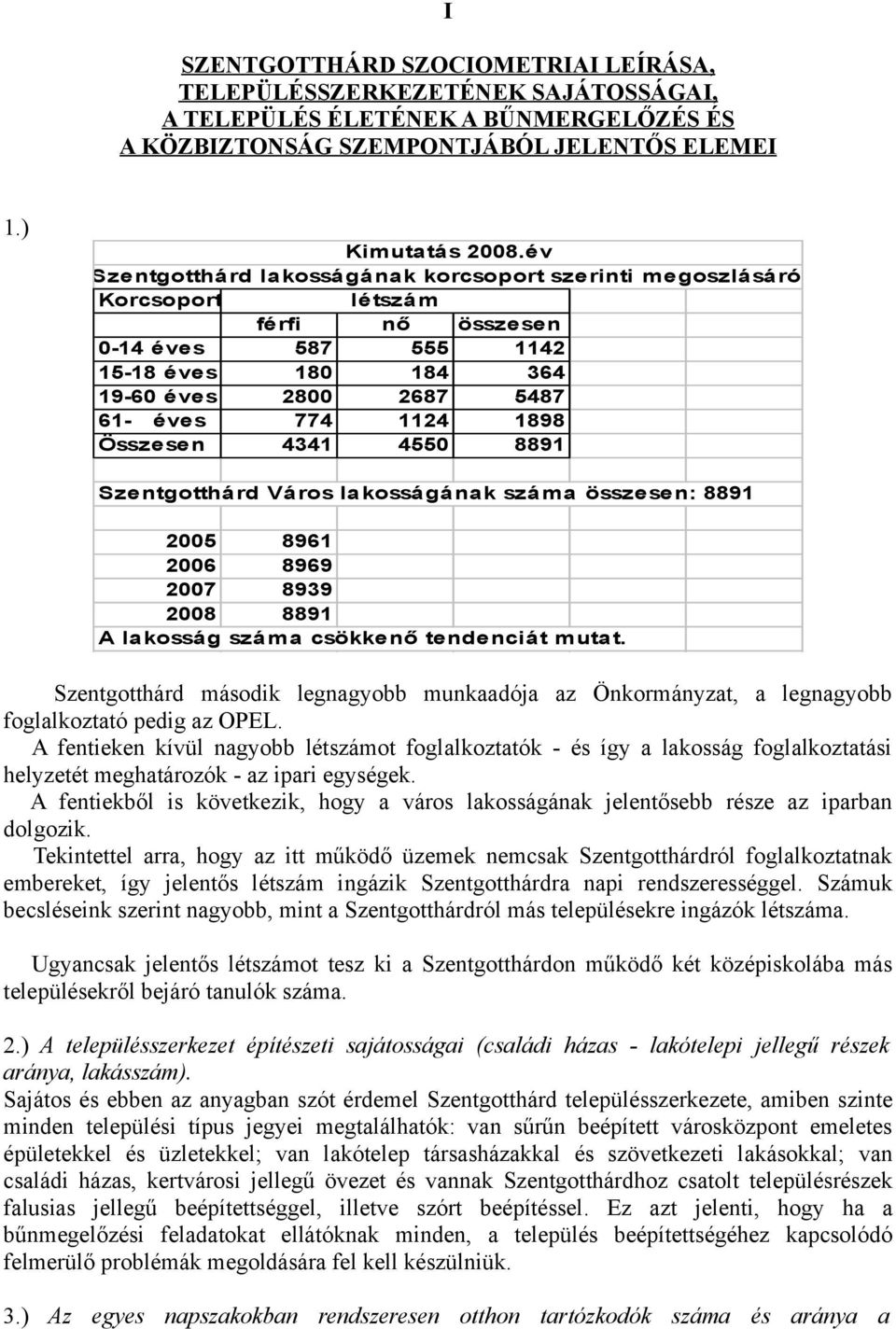 Összesen 4341 4550 8891 Szentgotthárd Város lakosságának száma összesen: 8891 2005 8961 2006 8969 2007 8939 2008 8891 A lakosság száma csökkenő tendenciát mutat.