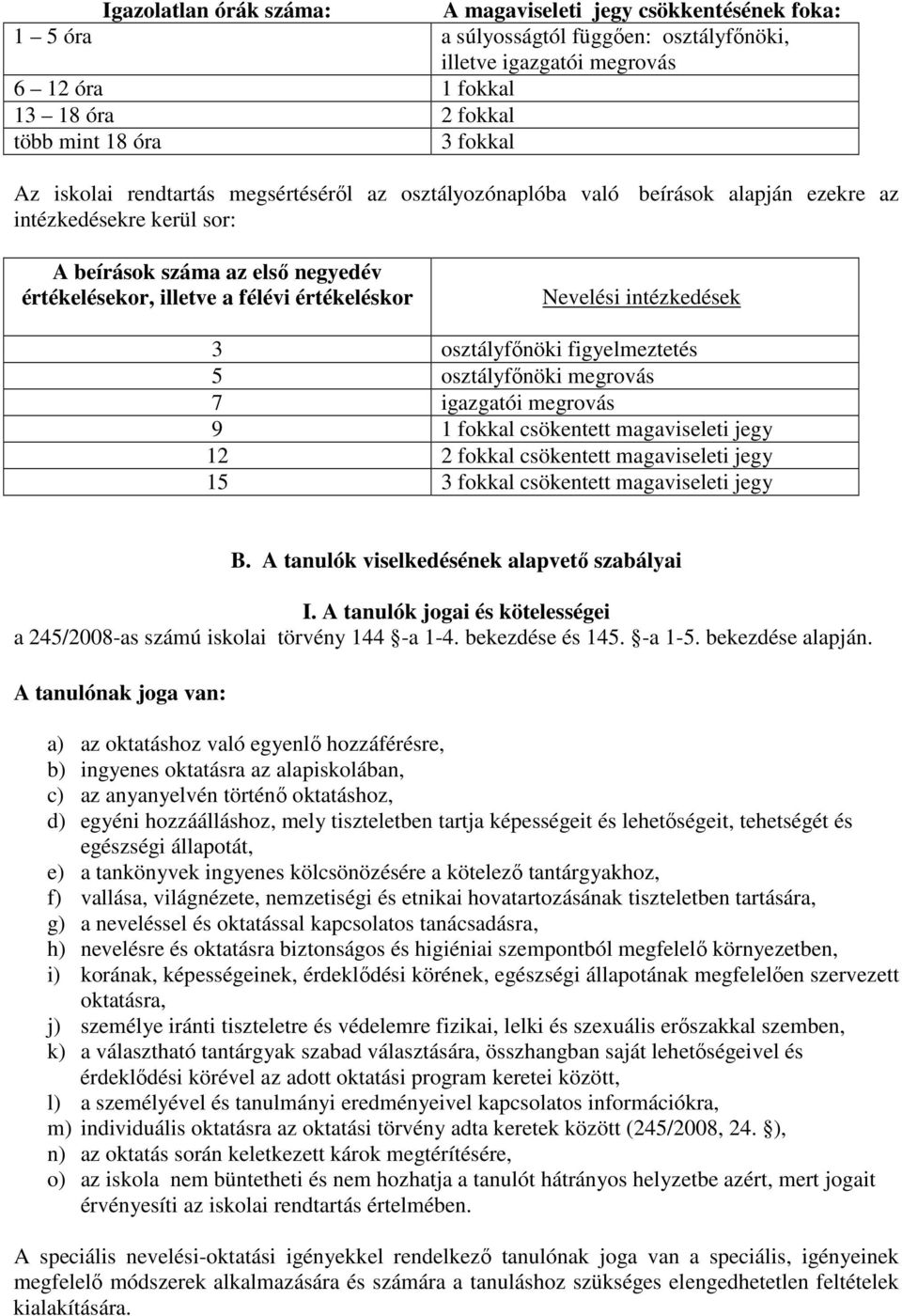 értékeléskor Nevelési intézkedések 3 osztályfőnöki figyelmeztetés 5 osztályfőnöki megrovás 7 igazgatói megrovás 9 1 fokkal csökentett magaviseleti jegy 12 2 fokkal csökentett magaviseleti jegy 15 3