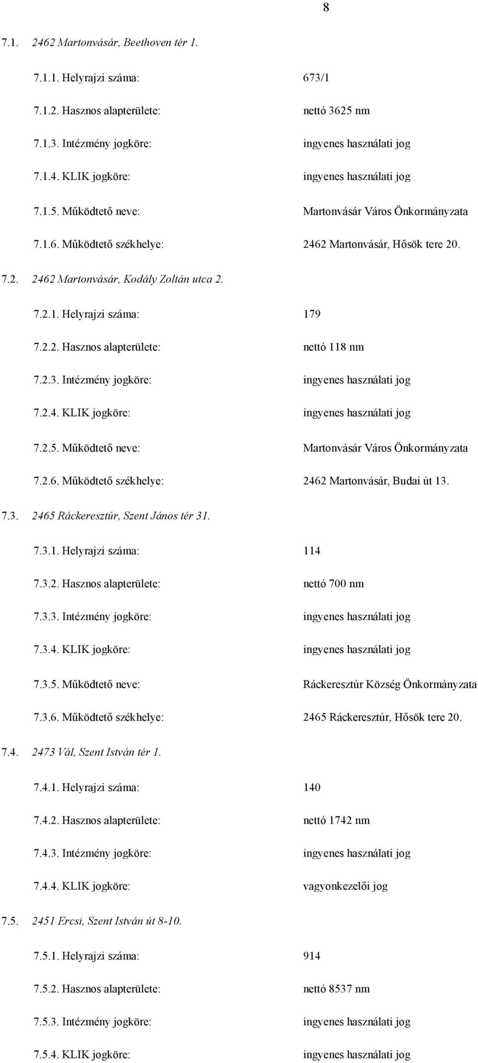 2.3. Intézmény jogköre: ingyenes használati jog 7.2.4. KLIK jogköre: ingyenes használati jog 7.2.5. Működtető neve: Martonvásár Város Önkormányzata 7.2.6.