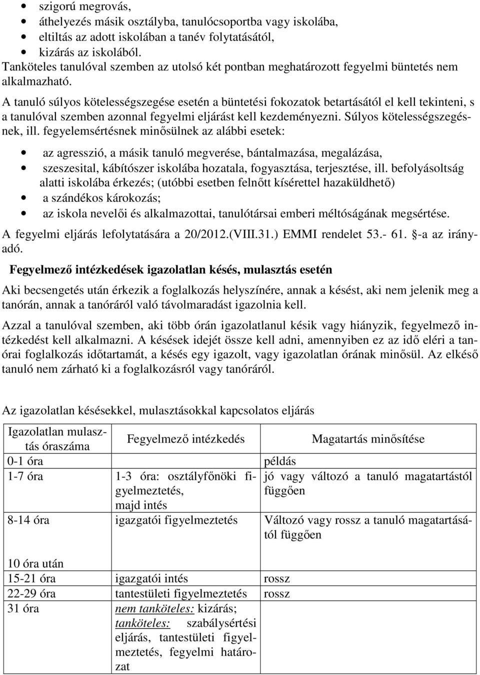 A tanuló súlyos kötelességszegése esetén a büntetési fokozatok betartásától el kell tekinteni, s a tanulóval szemben azonnal fegyelmi eljárást kell kezdeményezni. Súlyos kötelességszegésnek, ill.