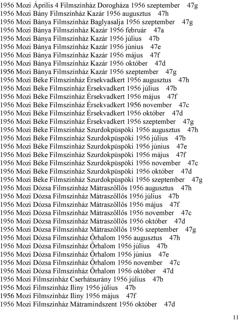 Filmszínház Kazár 1956 október 47d 1956 Mozi Bánya Filmszínház Kazár 1956 szeptember 47g 1956 Mozi Béke Filmszínház Érsekvadkert 1956 augusztus 47h 1956 Mozi Béke Filmszínház Érsekvadkert 1956 július