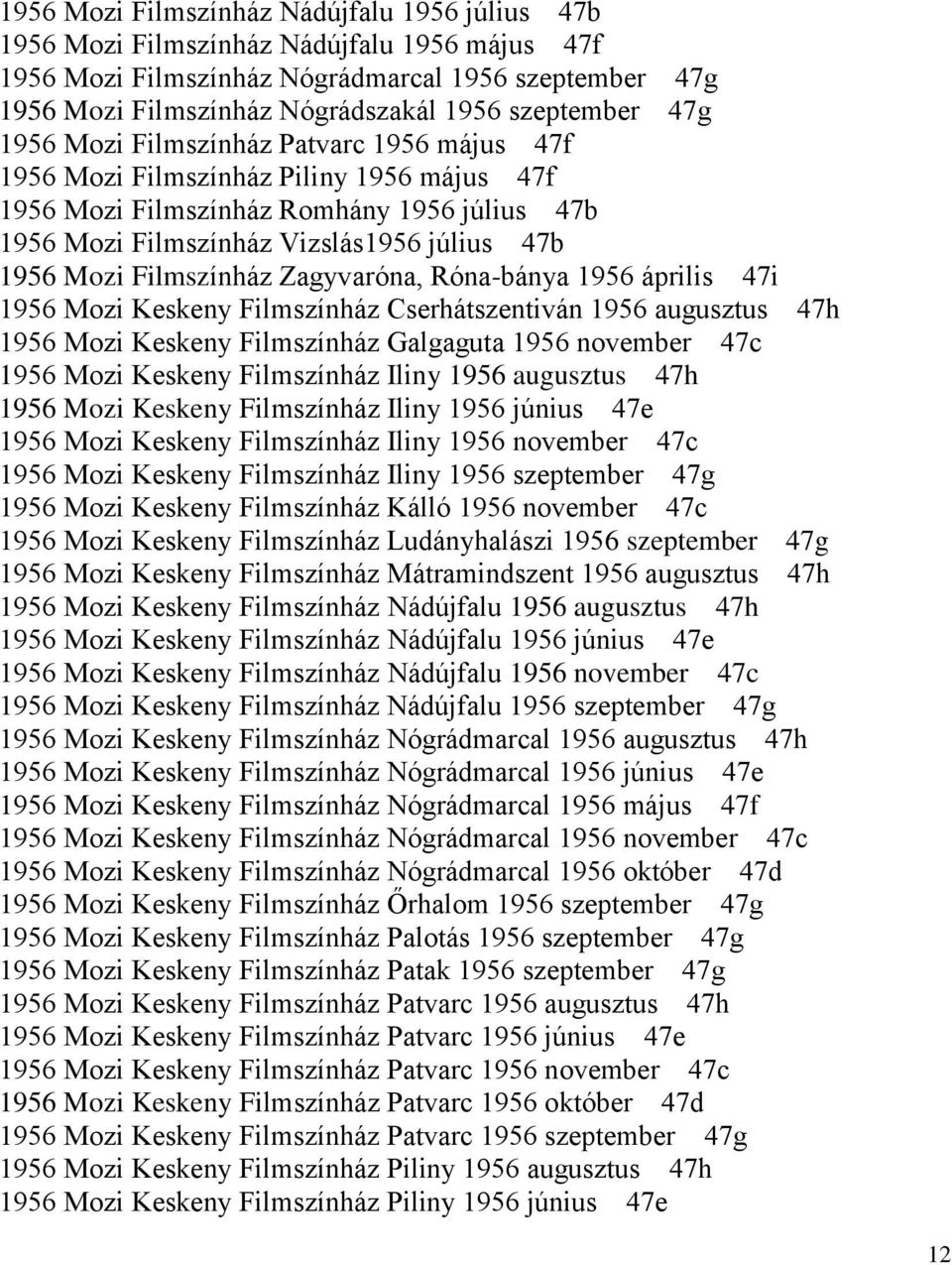 Mozi Filmszínház Zagyvaróna, Róna-bánya 1956 április 47i 1956 Mozi Keskeny Filmszínház Cserhátszentiván 1956 augusztus 47h 1956 Mozi Keskeny Filmszínház Galgaguta 1956 november 47c 1956 Mozi Keskeny