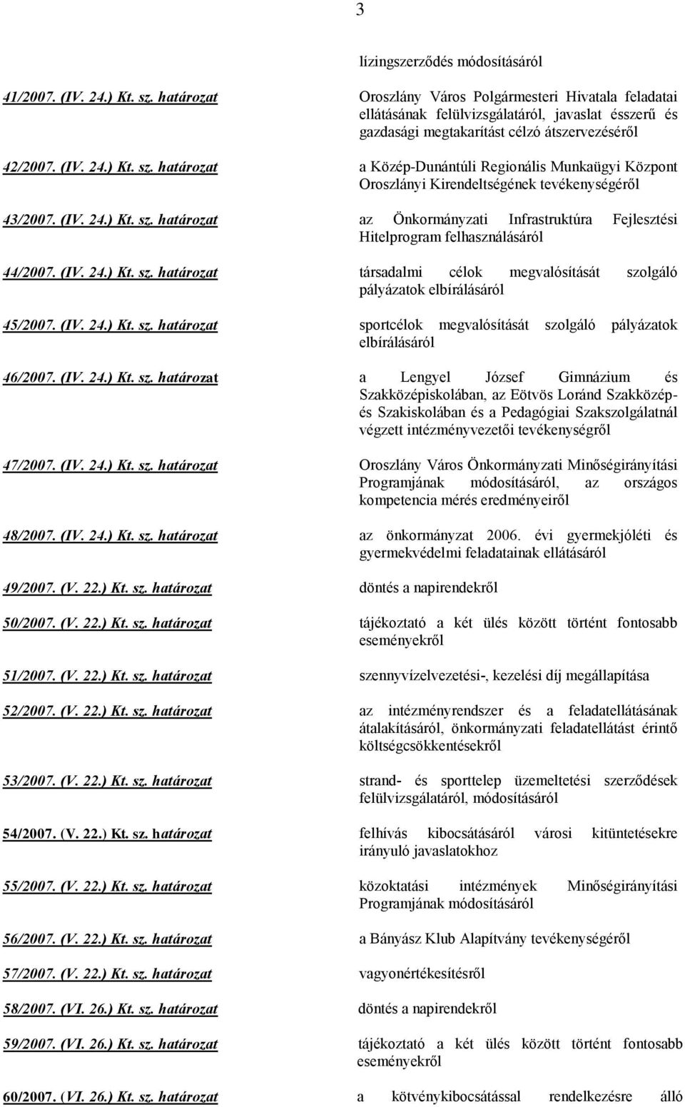 határozat a Közép-Dunántúli Regionális Munkaügyi Központ Oroszlányi Kirendeltségének tevékenységéről 43/2007. (IV. 24.) Kt. sz.