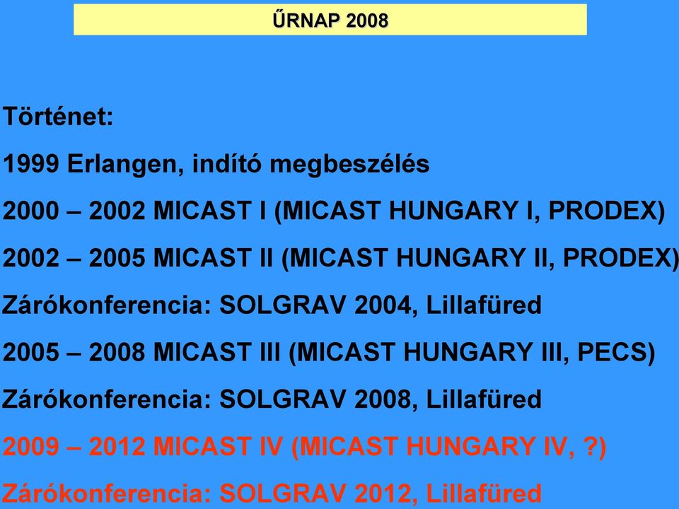 Lillafüred 2005 2008 MICAST III (MICAST HUNGARY III, PECS) Zárókonferencia: SOLGRAV