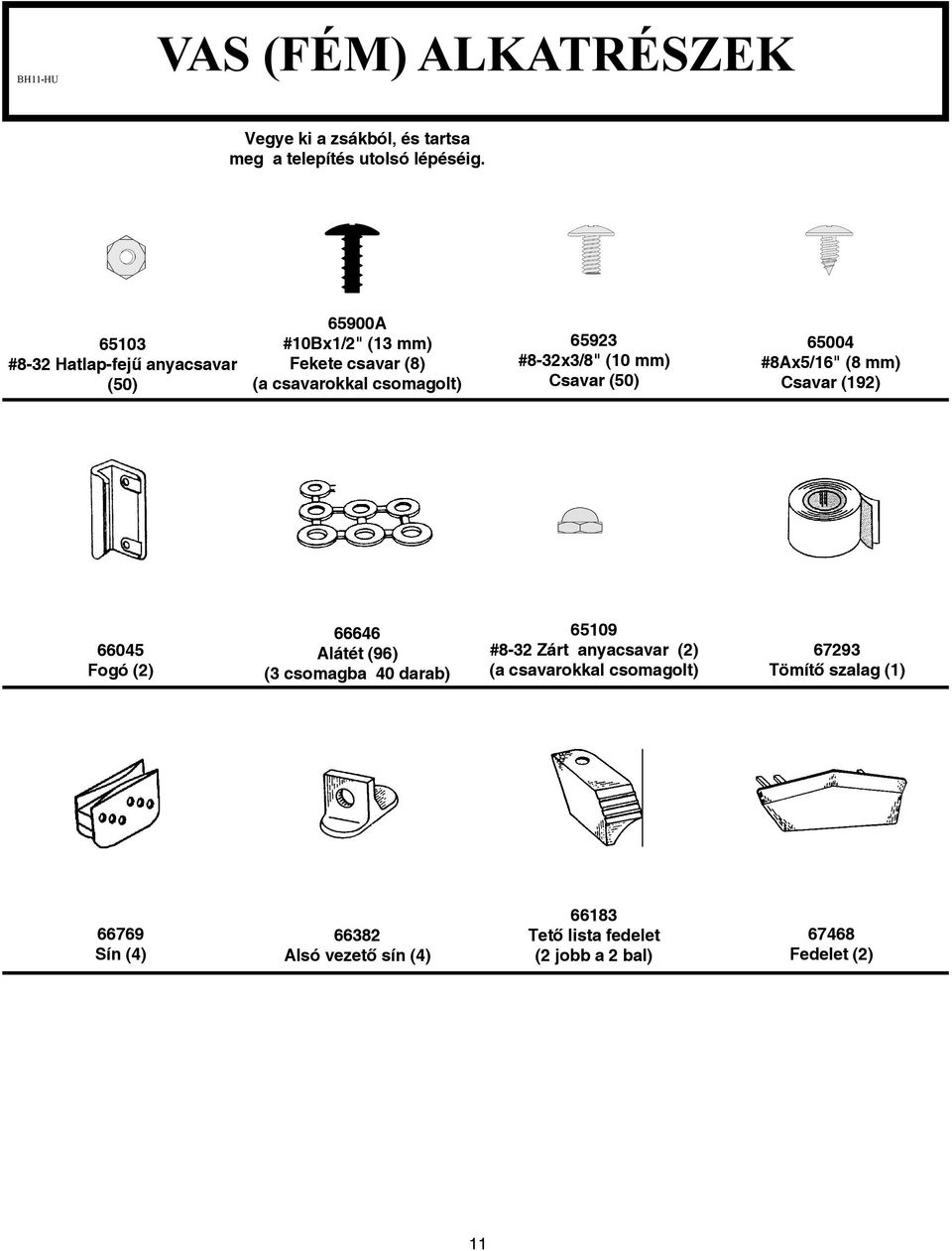 mm) Csavar (50) 65004 #8Ax5/6" (8 mm) Csavar (92) 66045 Fogó (2) 66646 Alátét (96) (3 csomagba 40 darab) 6509 #8-32 Zárt