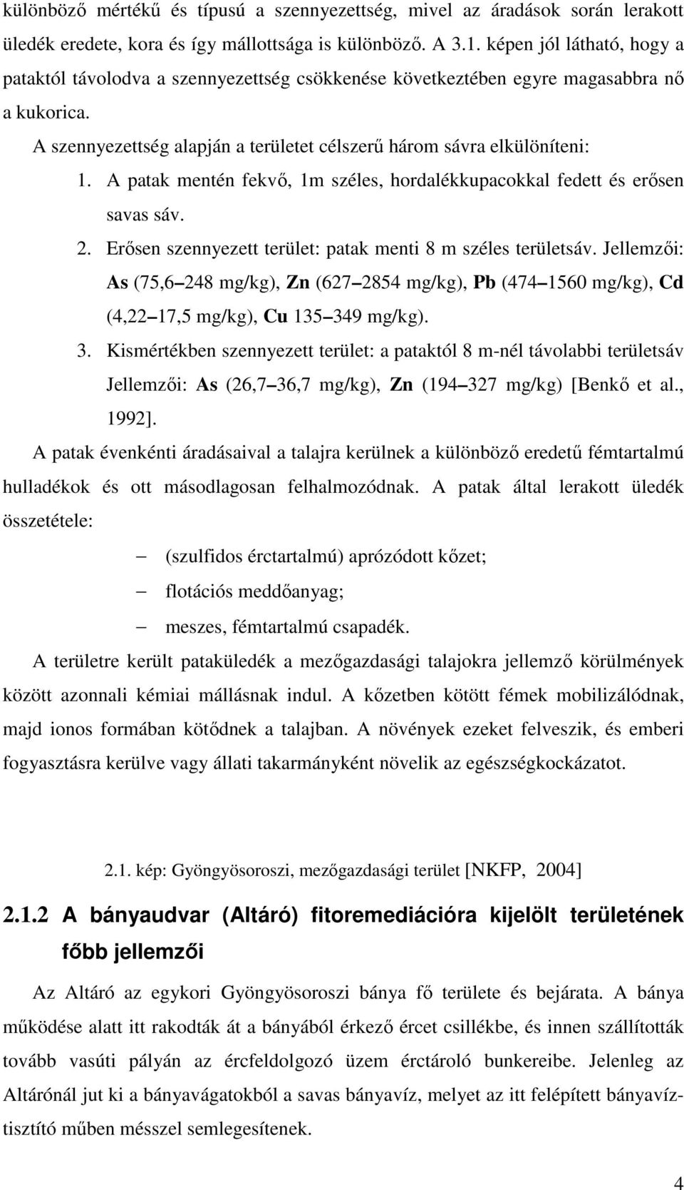 A patak mentén fekvı, 1m széles, hordalékkupacokkal fedett és erısen savas sáv. 2. Erısen szennyezett terület: patak menti 8 m széles területsáv.