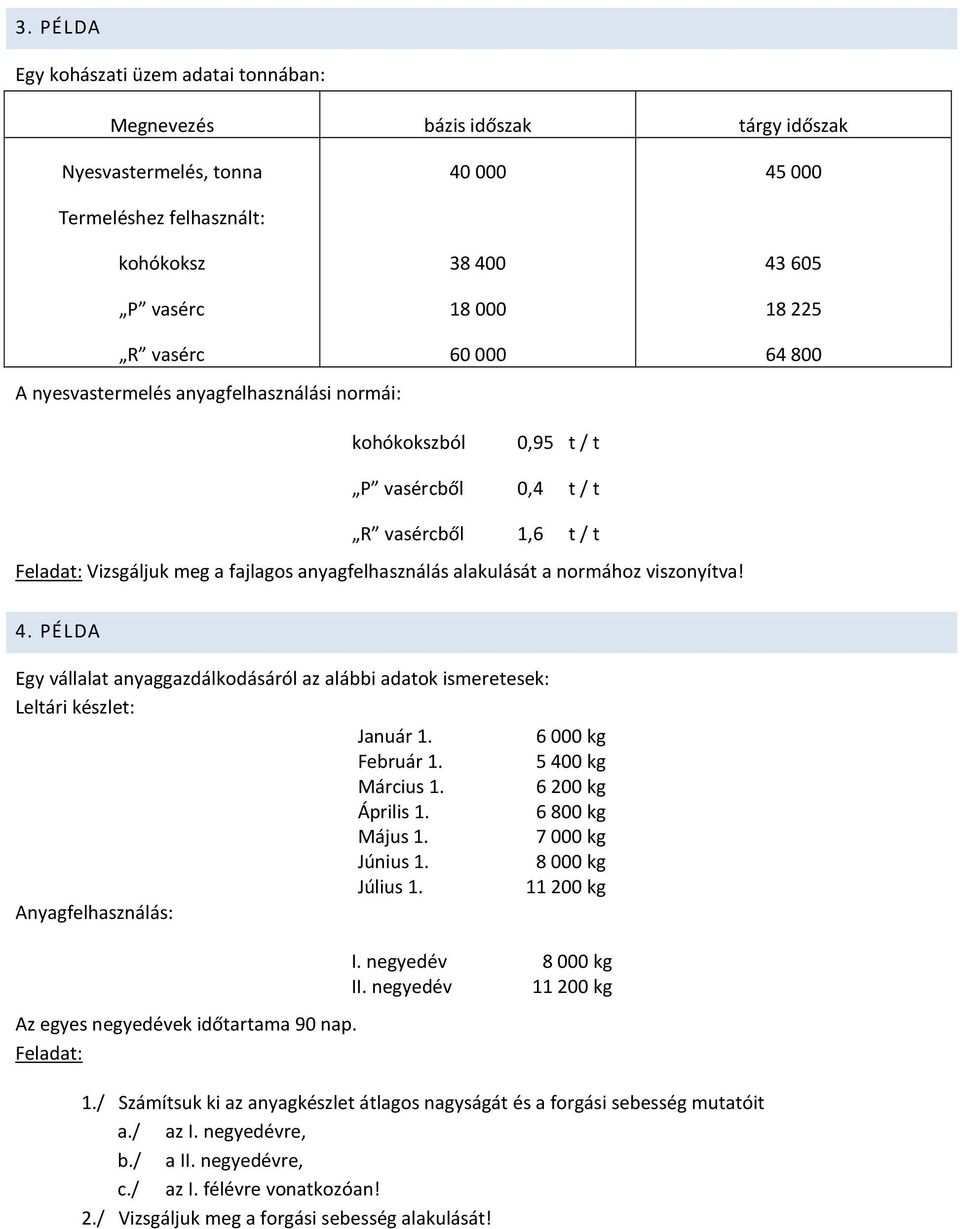 viszonyítva! 4. PÉLDA Egy vállalat anyaggazdálkodásáról az alábbi adatok ismeretesek: Leltári készlet: Január 1. 6000 kg Február 1. 5400 kg Március 1. 6200 kg Április 1. 6800 kg Május 1.