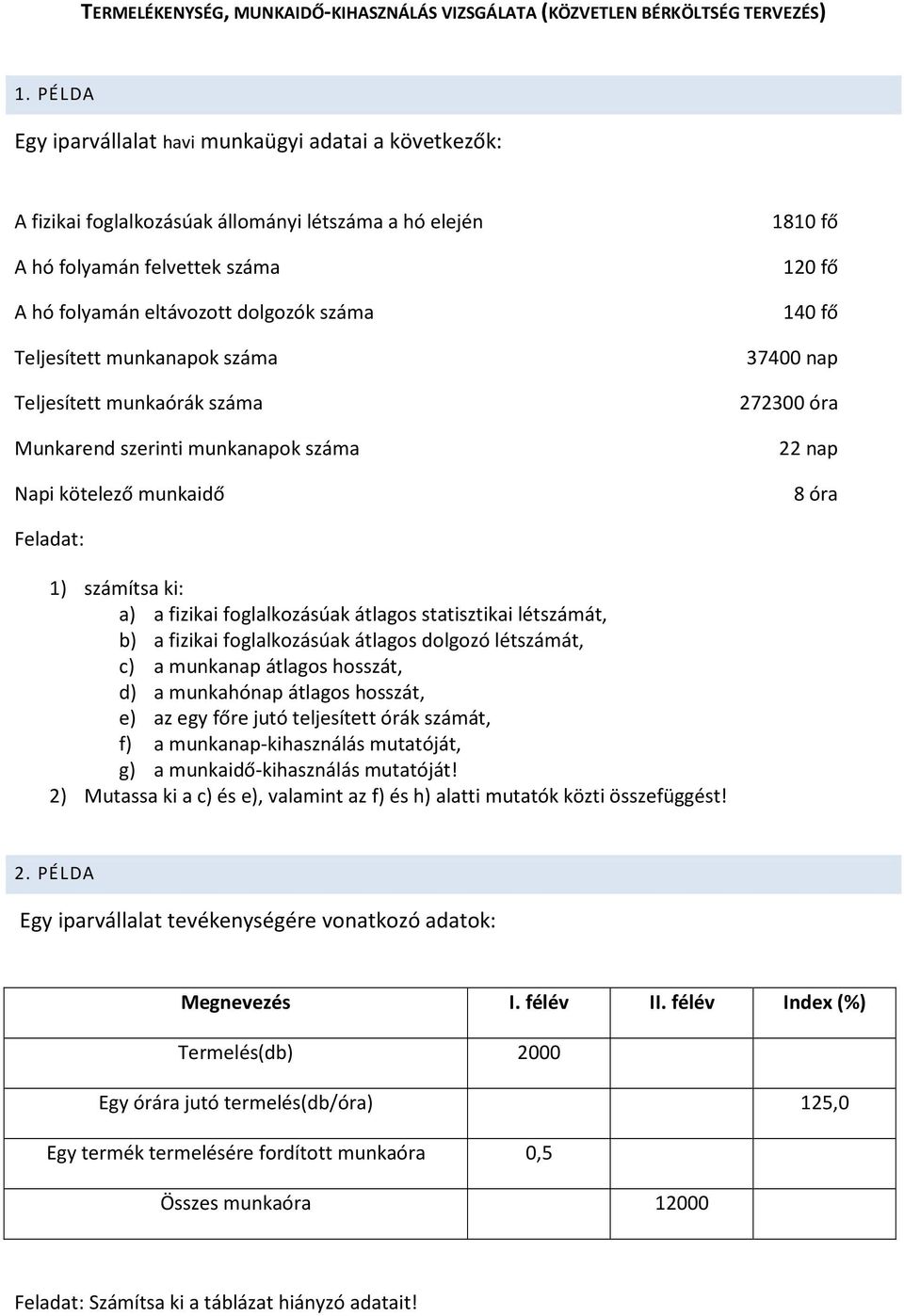 munkanapok száma Teljesített munkaórák száma Munkarend szerinti munkanapok száma Napi kötelező munkaidő 1810 fő 120 fő 140 fő 37400 nap 272300 óra 22 nap 8 óra Feladat: 1) számítsa ki: a) a fizikai