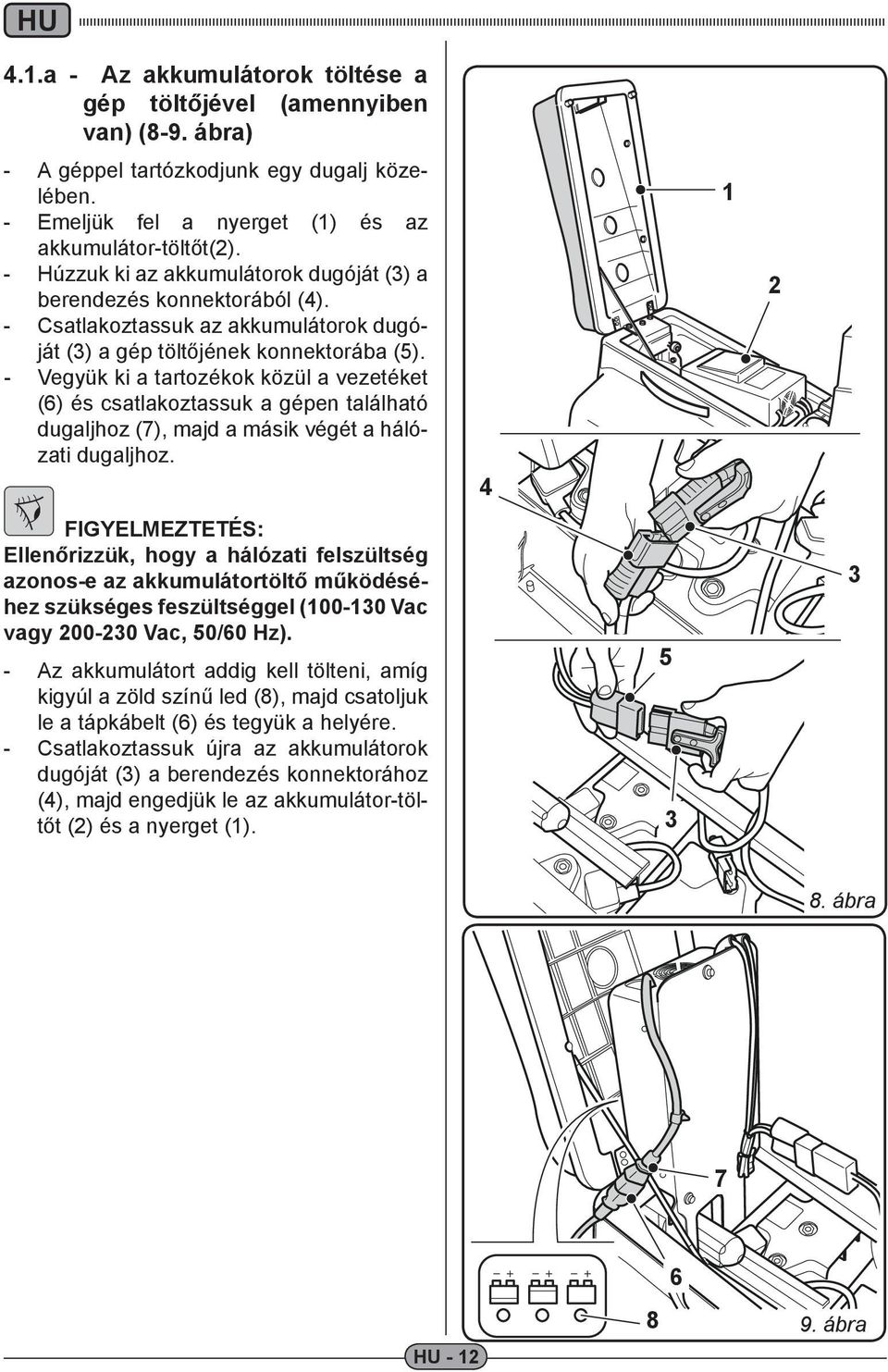 - Vegyük ki a tartozékok közül a vezetéket (6) és csatlakoztassuk a gépen található dugaljhoz (7), majd a másik végét a hálózati dugaljhoz.