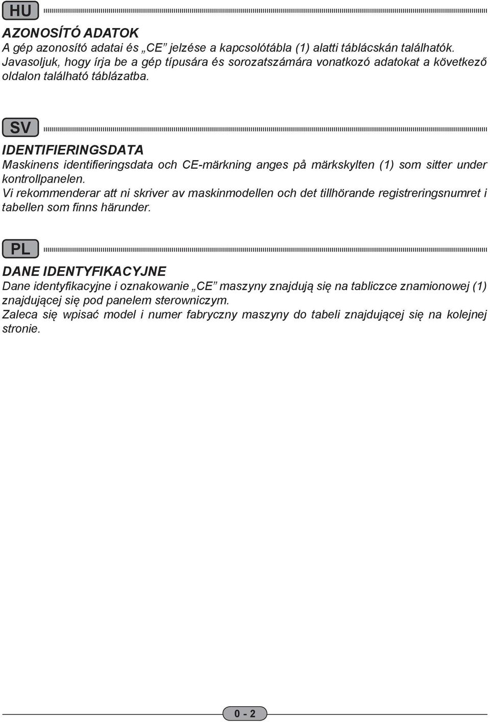 SV IDENTIFIERINGSDATA Maskinens identifieringsdata och CE-märkning anges på märkskylten () som sitter under kontrollpanelen.