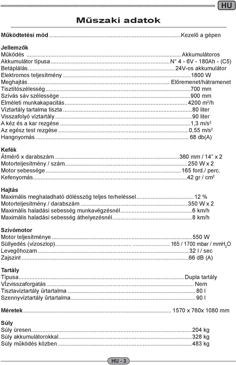 ..90 liter A kéz és a kar rezgése...,3 m/s Az egész test rezgése...0,55 m/s Hangnyomás... 68 db(a) Kefék Átmérő x darabszám...360 mm / 4 x Motorteljesítmény / szám...50 W x Motor sebessége...65 ford.
