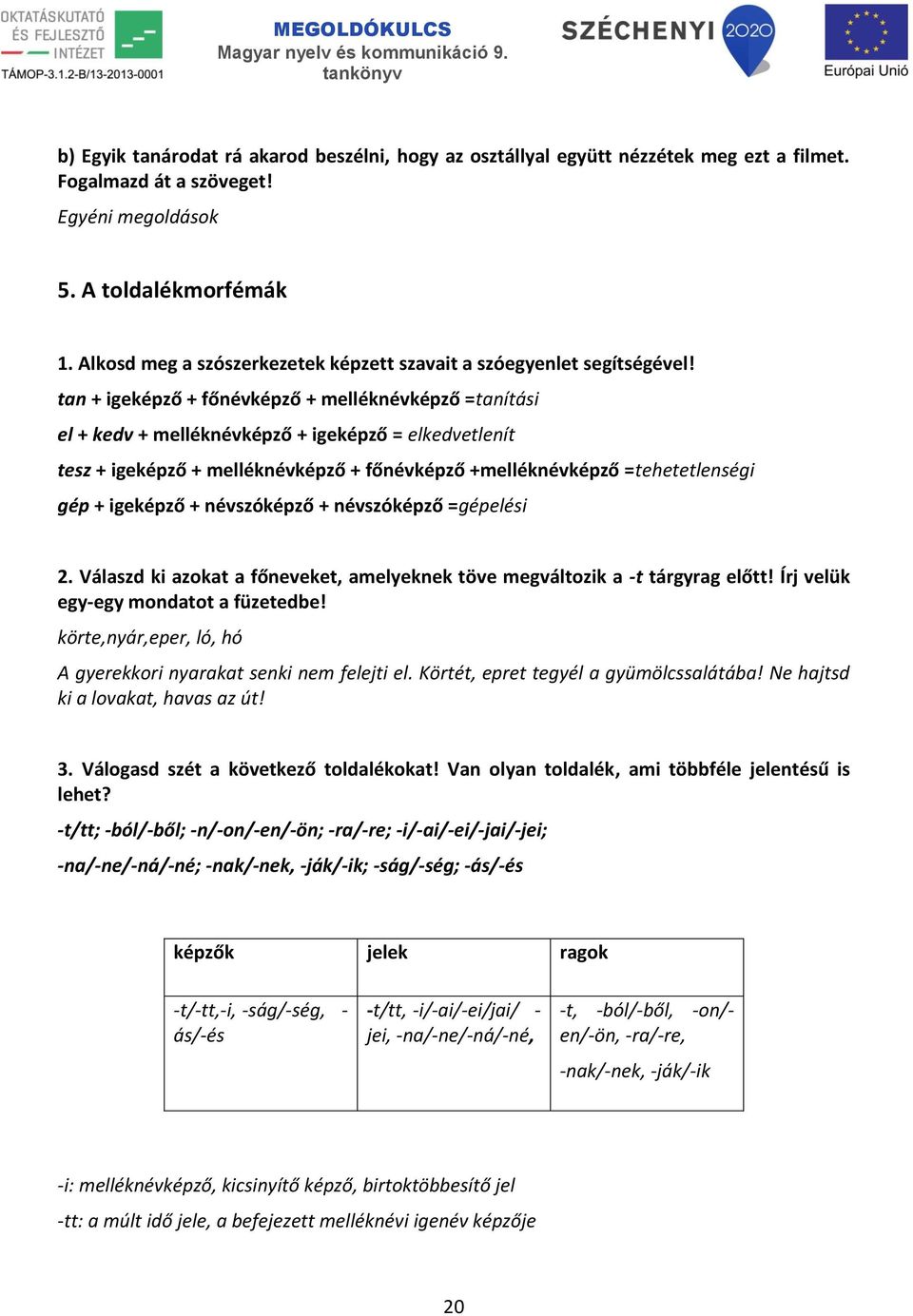 tan + igeképző + főnévképző + melléknévképző =tanítási el + kedv + melléknévképző + igeképző = elkedvetlenít tesz + igeképző + melléknévképző + főnévképző +melléknévképző =tehetetlenségi gép +