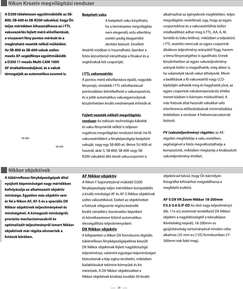 Az SB-800 és SB-600 vakuk szélesmezős AF-segédfénye együttműködik a D200 11 mezős Multi-CAM 1000 AF érzékelőmoduljával, és e vakuk támogatják az automatikus zoomot is.