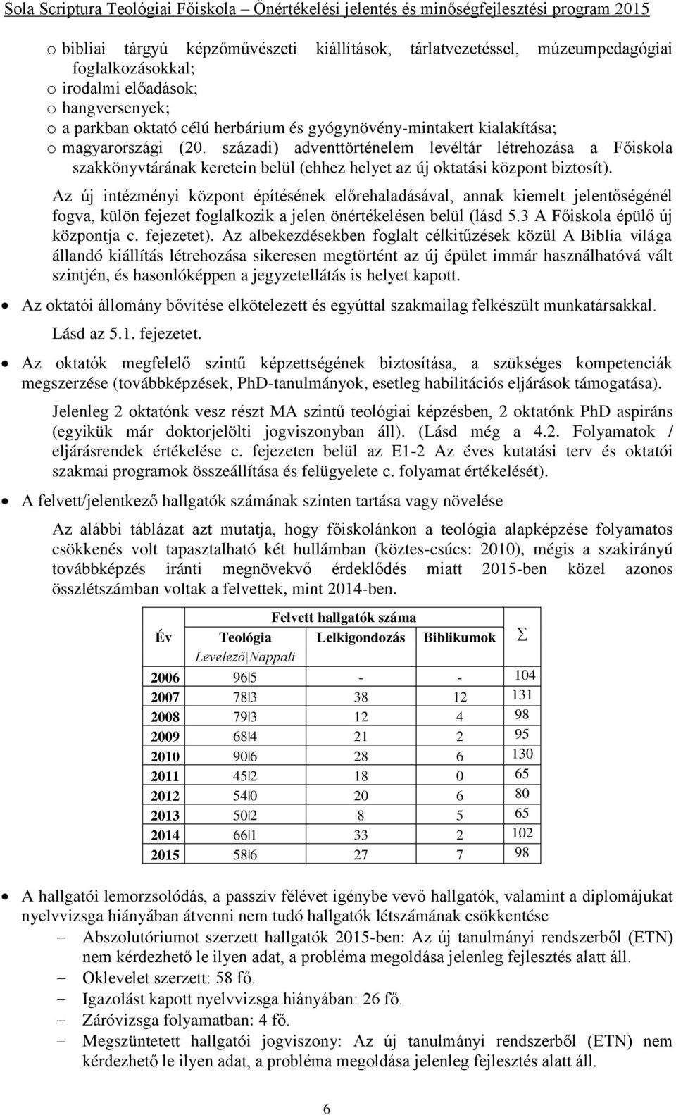 Az új intézményi központ építésének előrehaladásával, annak kiemelt jelentőségénél fogva, külön fejezet foglalkozik a jelen önértékelésen belül (lásd 5.3 A Főiskola épülő új központja c. fejezetet).