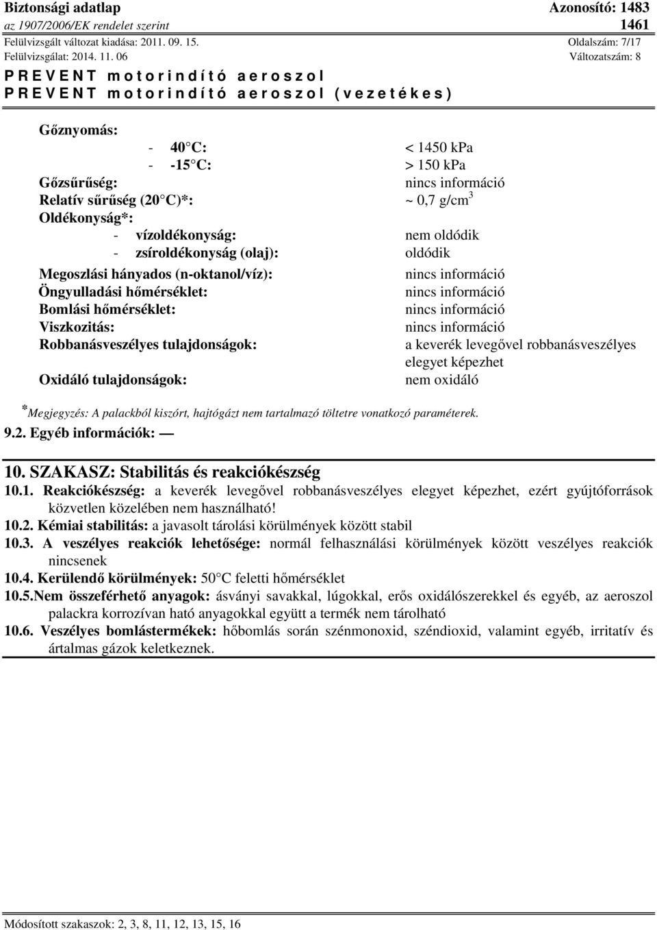 (olaj): oldódik Megoszlási hányados (n-oktanol/víz): Öngyulladási hőmérséklet: Bomlási hőmérséklet: Viszkozitás: Robbanásveszélyes tulajdonságok: a keverék levegővel robbanásveszélyes elegyet