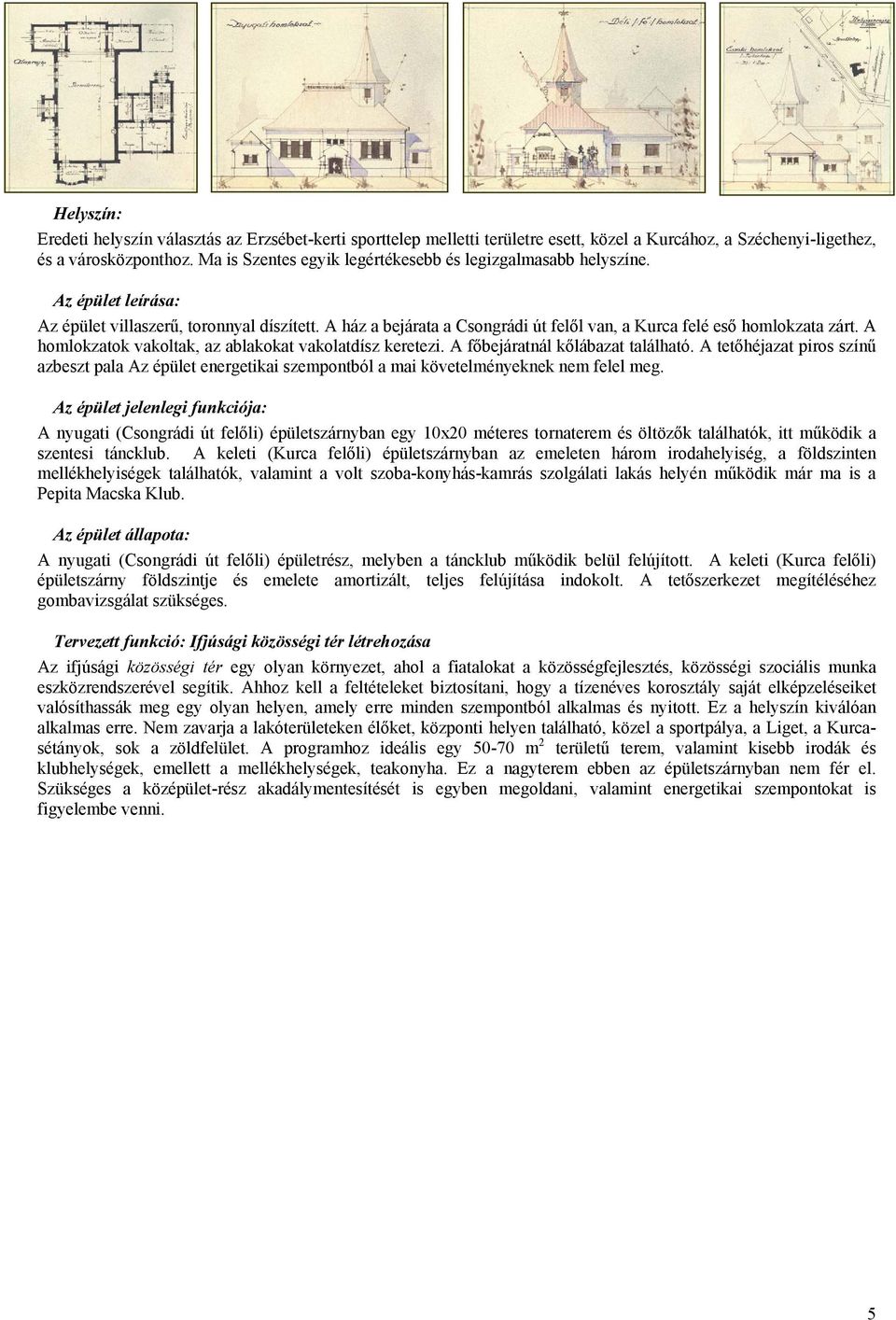 A ház a bejárata a Csongrádi út felől van, a Kurca felé eső homlokzata zárt. A homlokzatok vakoltak, az ablakokat vakolatdísz keretezi. A főbejáratnál kőlábazat található.