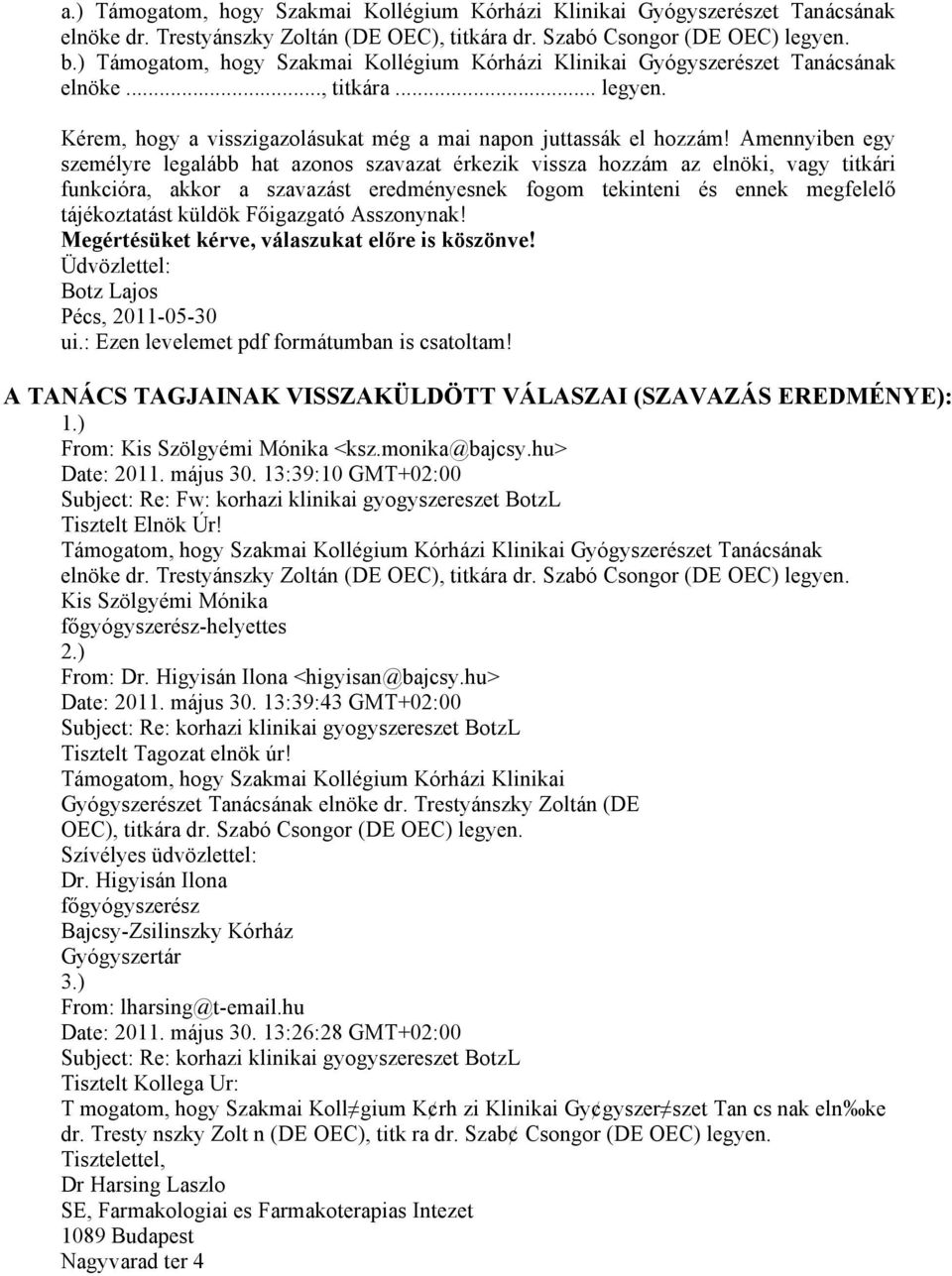 Amennyiben egy személyre legalább hat azonos szavazat érkezik vissza hozzám az elnöki, vagy titkári funkcióra, akkor a szavazást eredményesnek fogom tekinteni és ennek megfelelő tájékoztatást küldök