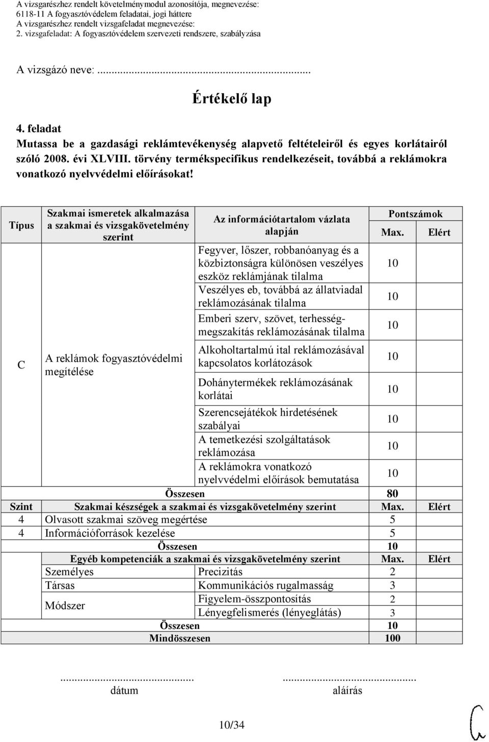 Típus C Szakmai ismeretek alkalmazása a szakmai és vizsgakövetelmény szerint A reklámok fogyasztóvédelmi megítélése Az információtartalom vázlata alapján Fegyver, lőszer, robbanóanyag és a