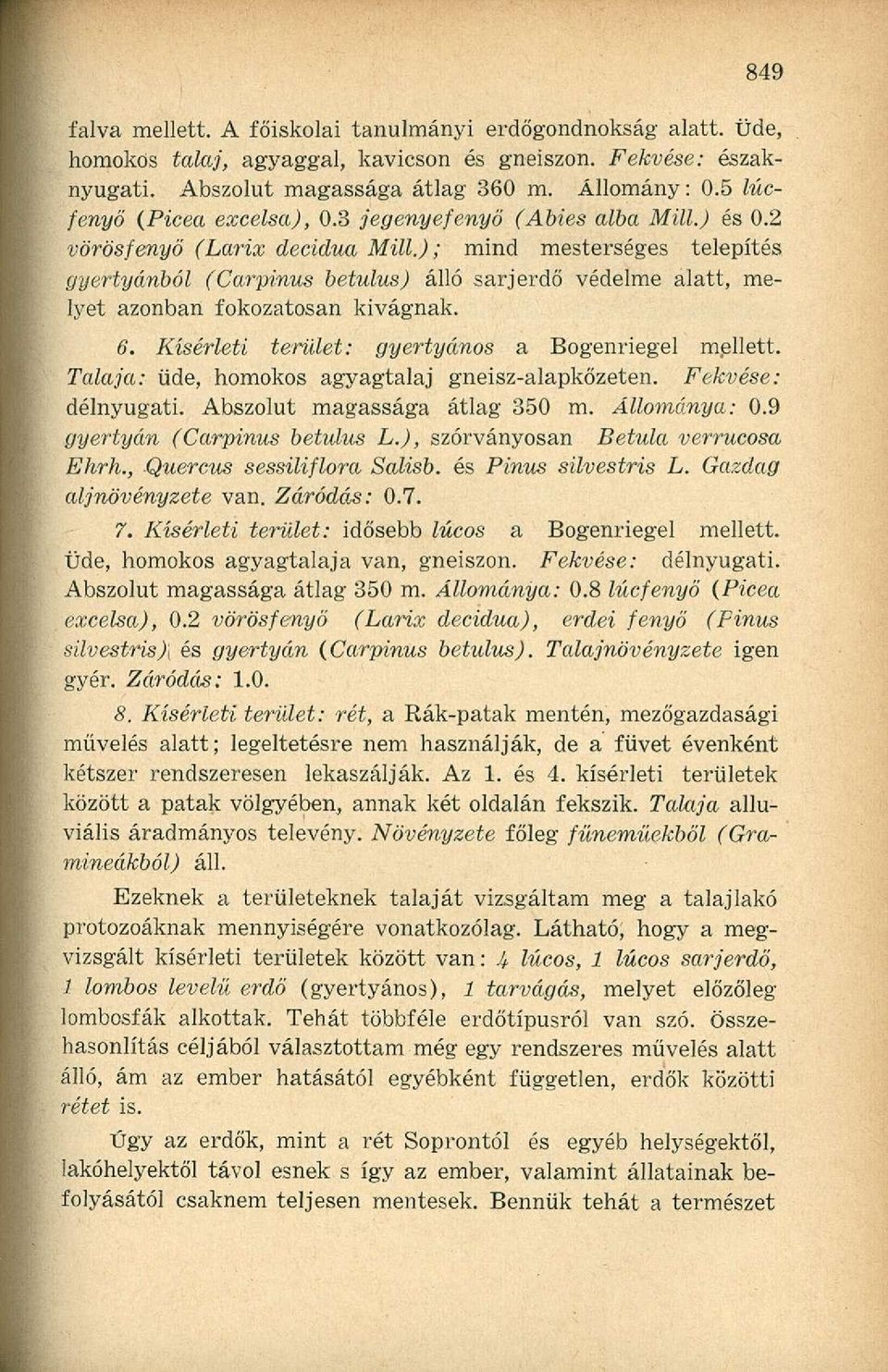 ); mind mesterséges telepítés gyertyánból (Carpinus betulus) álló sarj erdő védelme alatt, melyet azonban fokozatosan kivágnak. 6. Kísérleti terület: gyertyános a Bogenriegel mellett.