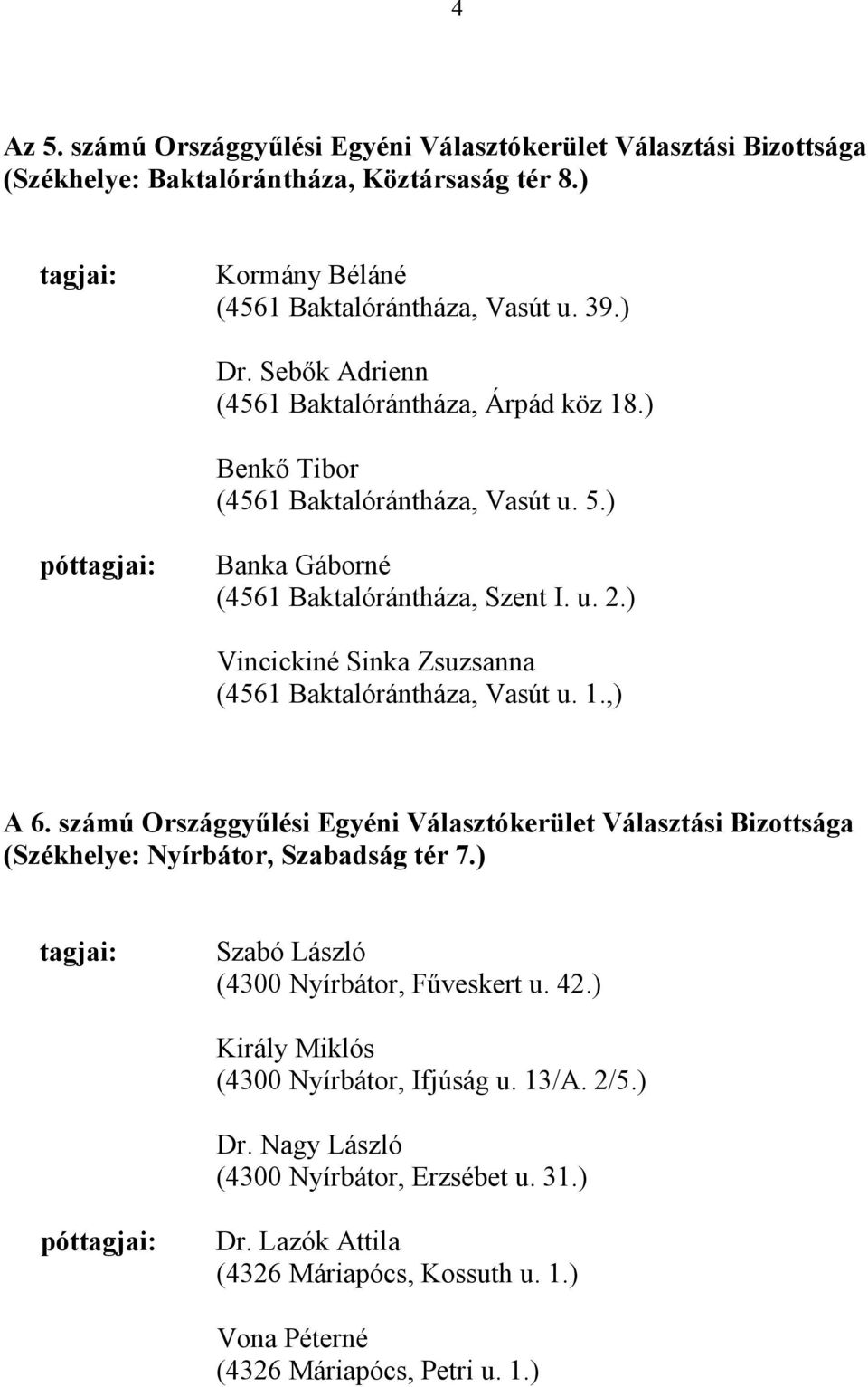 ) Vincickiné Sinka Zsuzsanna (4561 Baktalórántháza, Vasút u. 1.,) A 6. számú Országgyűlési Egyéni Választókerület Választási Bizottsága (Székhelye: Nyírbátor, Szabadság tér 7.